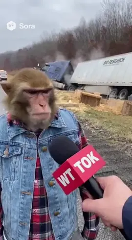 Truck full of monkeys crashed in Mississippi. We interviewed one of the monkeys. #fyp #sora #ai #mississippi 