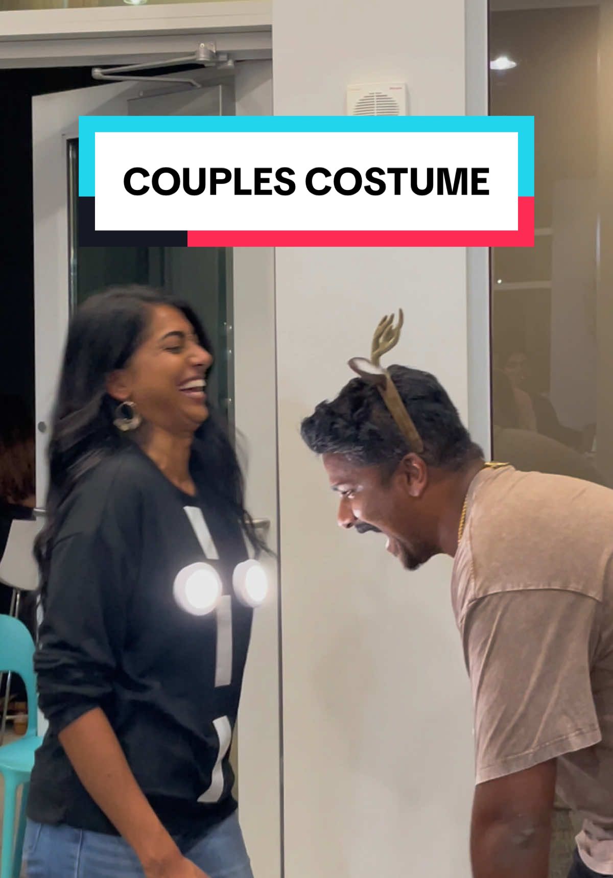 “Deer in the headlights” has to be the best couples costume EVER 😆🫣😂 This was such a fun idea and it definitely sparked quite a few laughs 😝 Try it out - all you need is: 👻 a black sweater or shirt 👻 two battery operated lights 👻 white duct tape  👻 fabric glue or tape  👻 deer antlers headband  #couplescostume #halloween #halloweencontest #halloweencostume #halloweencostumeideas 