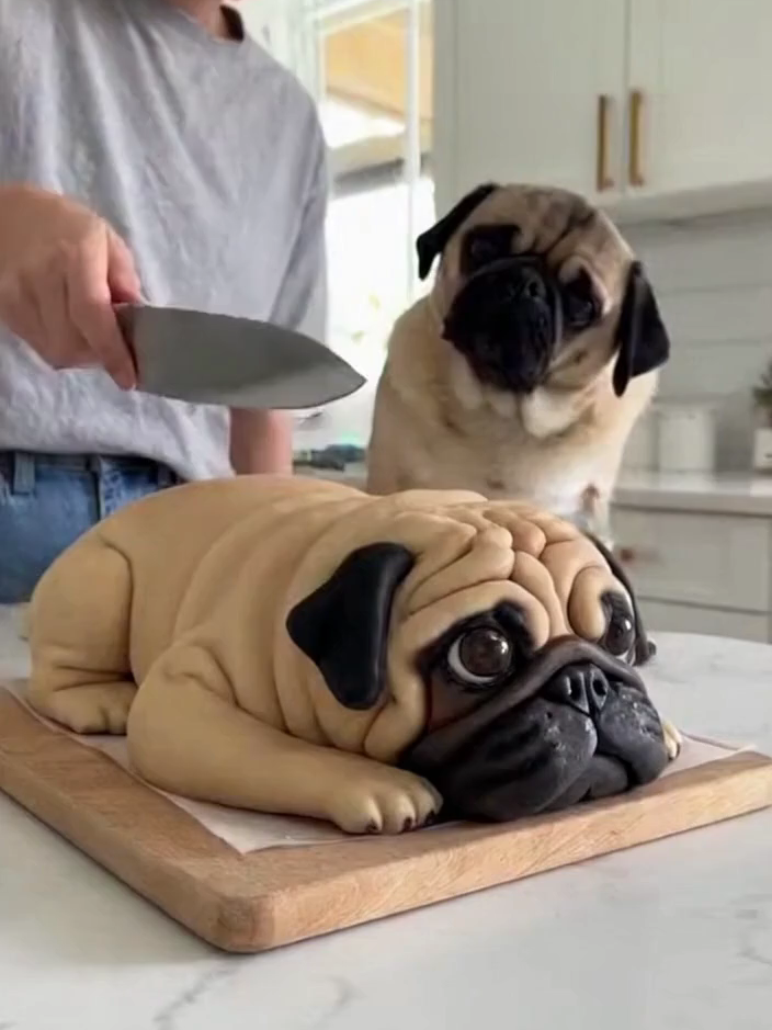 👉 “He thought she was cutting HIM 😱😂” She made a cake that looks exactly like her pug — same color, same face, everything 😳🍰🐶 When she started cutting it, he thought it was HIM… his reaction is pure gold! 😂 Made with #Sora2 🎥✨ #DogOrCake #PugCake #RealOrCake #CakeOrDog #FunnyDog #DogReaction #CakeShock #HyperrealCake #RealisticCake #CakeArt #Sora2 #AIshorts #AIVideo #AIcontent #DogMeme #PetReaction #PugLife #DogViral #ViralDogs #DogContent #ViralVideo #ComedyShorts #FYP #WowMoment #AICreator #DogCakeChallenge #ViralClip #Shorts #FunnyPets #CakeDesign