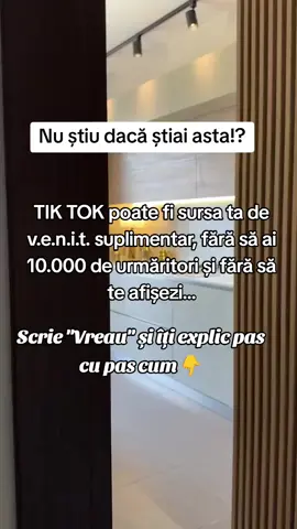 🎯 Nu știu dacă știai asta... Dar poți transforma TikTok-ul tău într-o sursă de venit suplimentar, fără: ❌ să te afișezi ❌ să ai 10.000 de urmăritori ❌ sau să investești sume mari Totul se face direct de pe telefon, în timpul tău liber 📱 Eu am început exact așa și acum primesc notificări de vânzări chiar și când culc copiii ❤️ 💬 Scrie “Vreau” și îți explic pas cu pas cum poți face și tu asta 👇 #jobonline #mamicipetiktok #marketingdigital #venitpasiv #lucreazadeacasa 