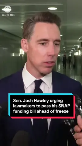 Sen. Josh Hawley, a Missouri Republican, is urging his colleagues to support a bill he is sponsoring that would fund the SNAP program through the shutdown. The Department of Agriculture said federal food aid will not go out on Nov. 1. “My view is that no child in this country ought to go to bed hungry because a bunch of politicians in Washington can't decide what they want to do, and they're intent on blaming each other,” Hawley told reporters on Tuesday. More than 40 million Americans who rely on the Supplemental Nutrition Assistance Program to pay for groceries are facing uncertainty as benefits are expected to come to a halt Saturday. #SNAP #food #shutdown #congress #gop 