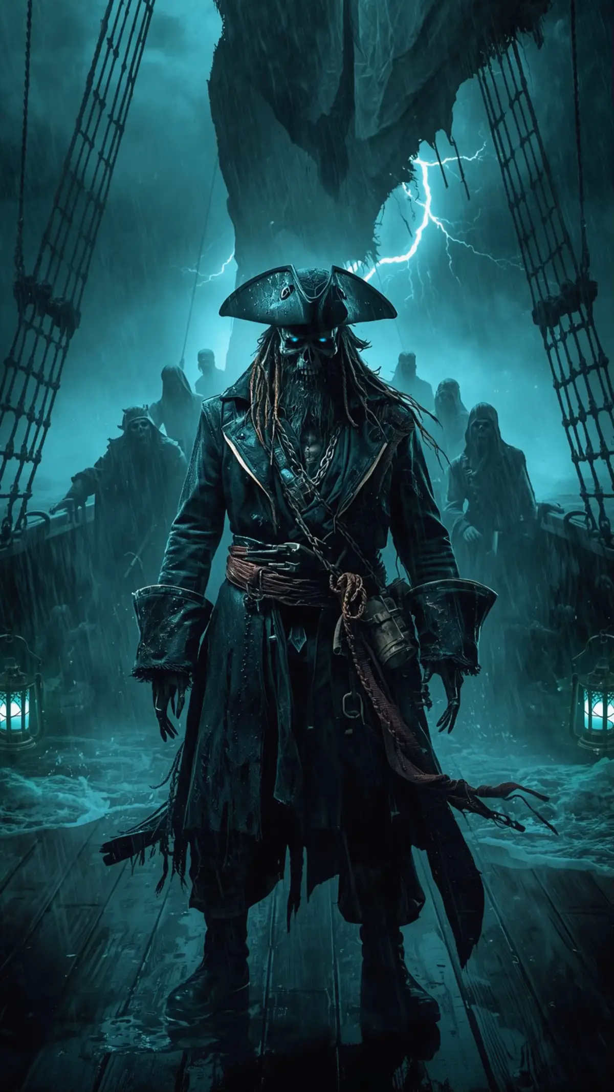 #Halloween #zombie #piratesofthecaribbean #group7 #fyp  A legendary pirate rises from the abyss — the undead captain of a cursed crew, forever bound to the stormy seas. His skeletal face glows faintly under flashes of lightning, his tattered coat soaked in salt and shadow. Behind him, ghostly sailors emerge through swirling mist, manning a ship that creaks with ancient evil. The moonlight pierces the fog, revealing broken sails and chains rattling in the wind. Every detail feels alive — from the wet textures of decayed armor to the shimmering blue light reflecting off the stormy waves. This masterpiece captures the essence of power, mystery, and eternal rebellion. A dark cinematic wallpaper designed in 8K ultra-realism, with black matte tones and haunting atmosphere. Perfect for those drawn to the unknown depths. Keywords: pirate, zombie, undead, cinematic, 8K, black matte, storm, ocean, viral, trending, FYP, Group 7, best quality, most wanted, wallpaper, fantasy, horror, power, sea, cursed captain.