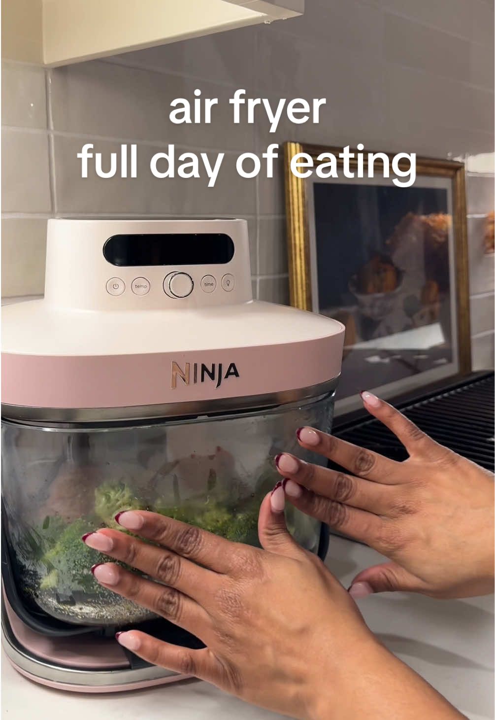 Full day of eating with the beautiful new Ninja Crispi Pro #NinjaPartner @Ninja Kitchen  The most aesthetically pleasing (and functional) air fryer I've ever seen and used!! What I ate today: Breakfast - loaded hashbrown with egg, turkey bacon, spinach and cheese  air fry on 400 for 8 minutes  Lunch - Frozen Buffalo Wings max crisp on 450 for 16 minutes flipping halfway through  Dinner - Skirt Steak with broccoli  roast meat on 375 for 20 minutes flipping halfway roast broccoli on 375 for 7-10 minutes  Dessert - brown butter chocolate chip cookies  bake on 325 for 12-15 minutes  #NinjaCrispi #whatIeatinaday #fulldayofeats #fulldayofeating #airfryermeals#creatorsearchinsights 