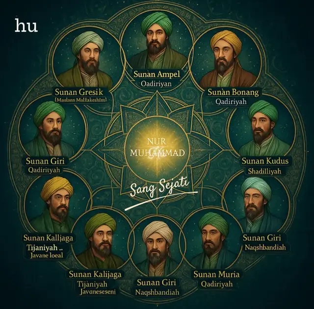 • Sunan Gresik  (Maulana Malik Ibrahim) Qadiriyah Tauhid, akhlak lembut,  dakwah damai • Sunan Ampel Qadiriyah-Naqsyabandiyah Disiplin dzikir dan syariat • Sunan Bonang Naqsyabandiyah-Khalwatiyah Simbolisme, tembang suluk • Sunan Drajat Qadiriyah Amal sosial dan kebajikan hati • Sunan Kudus Syadziliyah Kesucian, toleransi lintas iman • Sunan Giri Naqsyabandiyah Ilmu dan strategi spiritual pemerintahan • Sunan Kalijaga Tijaniyah-Jawa lokal Laku batin, simbol, seni, dan kesadaran “Manunggaling Kawula-Gusti”  • Sunan Muria Qadiriyah Zikir khalwat dan kebersihan hati  • Sunan Gunung Jati (Cirebon) Syadziliyah-Qadiriyah Keutuhan iman-ilmu-amal dalam  Keutuhan iman-ilmu-amal dalam kepemimpinan