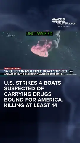 In a major escalation of military strikes on suspected drug boats headed to America, the Pentagon announced the U.S. struck four boats in the Pacific, killing at least 14 people. At least 57 people have now been killed since the operation began. Mary Bruce reports. #WorldNewsTonight 