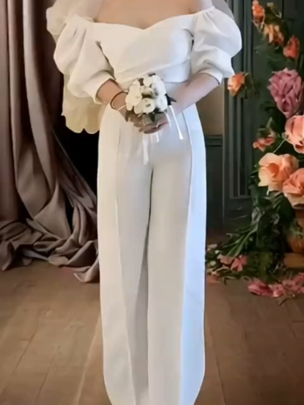 Puff Sleeve Off Shoulder Jumpsuit  #jumpsuit #puffsleeves #offshoulder #wideleg #outfit 