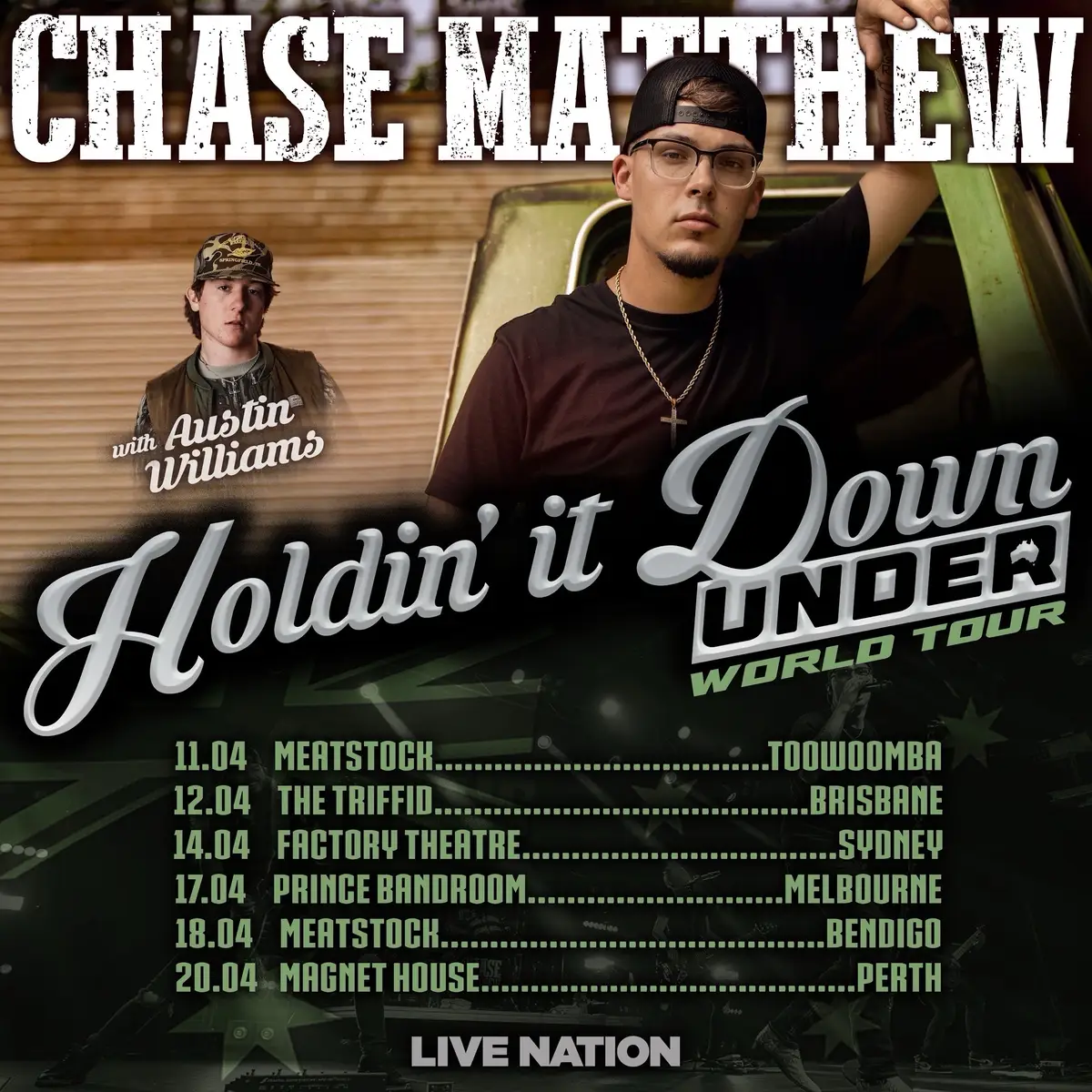 AUSTRALIA I’m coming back in the new year and I’m bringing @Austin Williams with me!!! 🇦🇺 Tickets go on sale Friday, but you can access the official presale Thursday at 12pm AUS time with the presale code in the comments 👀. See y’all in April!  #countrymusic #countryconcert #austrlia #chasematthew