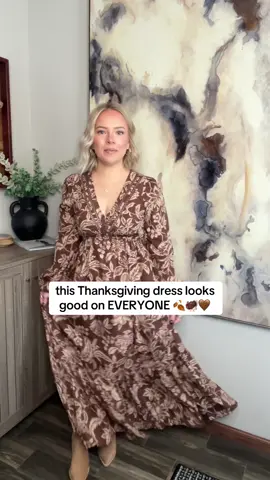 The most flattering fall maxi under $25 — flowy, comfy, and ready for every Friendsgiving and family dinner. #thanksgivingoutfit #fallstyle #tiktokshopfinds #maxidress #petitefashion 