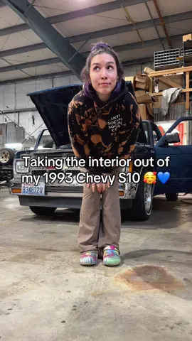 Rippin out all the crusty interior (and janky bucket seats 😆) out of Lil Trok 🥰💙 can’t wait to share what we do next! @Border_Bros_Performance_ #shoplife #carcouple #cartok 