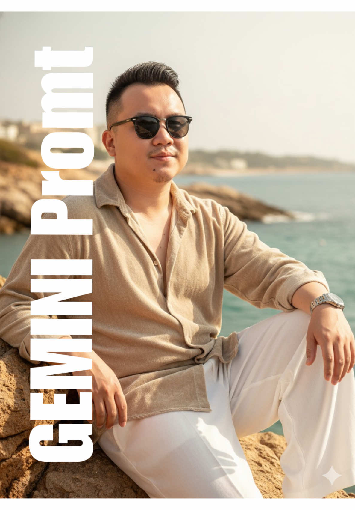 A hyper-realistic portrait of a man standing. He is wearing a loose, slightly wrinkled beige velvet-linen shirt with the top buttons open, paired with wide white trousers. On one hand, he wears a silver metallic watch, and his outfit gives off a relaxed summer vacation vibe. He is casually leaning back, with one arm resting on a rock and the other on his knee, looking slightly to the side with a natural expression. (Keep my Undercut hairstyle with a voluminous top, facial features, and body exactly the same as in the reference image.) He wears dark sunglasses and has a subtle smile on his face. Ultra-realistic image in 8K. #GeminiAI #geminitrends #gemini #fyp #promptgemini 
