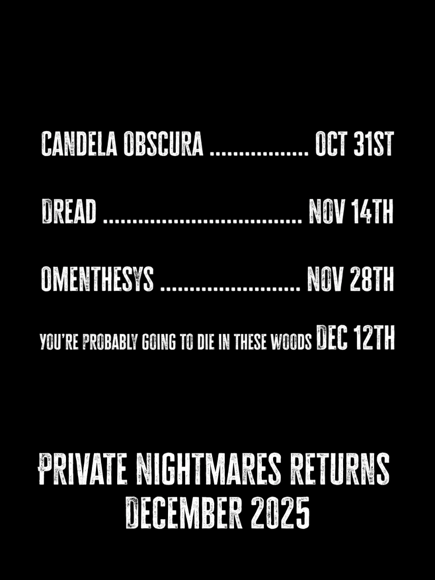 Moar Actual Plays!  Private Nightmares will be back in December, but before then we have some amazing one shots for you all.  @🦇Alexander Ward🦇  will be running Candela Obscura with @Xander Jeanneret  @Gina DeVivo  @Amy Dallen  and @adriofwands.  @Ivan Van Norman  will be running Dread for @Mayanna Berrin  @Aabria Iyengar Bryan Forrest and @Aliza Pearl . Xander will be teaching us all an original game called Omenthesys as players @Persephone Joey Rassool, Ivan Van Norman and Gina DeVivo learn to navigate their new paranormal powers, and finally Mayanna Berrin will take Aabria Iyengar, Bryan Forrest, @davidtilstra and @Reed H. Sights through the forest in We're Probably going to Die in these Woods by Gabe Godoi and Sabrina Brennen #ttrpg #rpg #actualplay #dread #candelaobscura