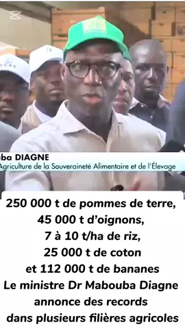 250 000 t de pommes de terre, 45 000 t d’oignons, 7 à 10 t/ha de riz, 25 000 t de coton et 112 000 t de bananes... Le ministre Dr Mabouba Diagne annonce des records dans plusieurs filières #senegalaise_tik_tok #senegalaise_tik_tok🇸🇳pourtoichallenge #fypシ゚ #maboubadiagne #visibilitesurtiktok 