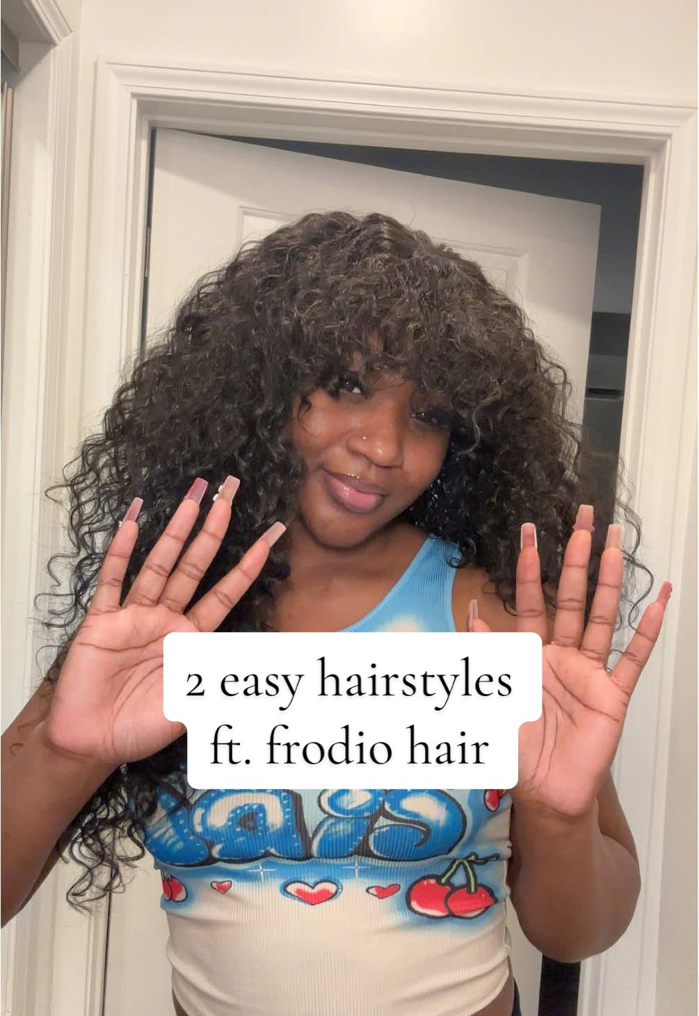 @Frodio Hair 2 quick and easy hairstyles on this curly bang wig from #frodiohair 💗 #bangs #curlybangs #hairstyle 