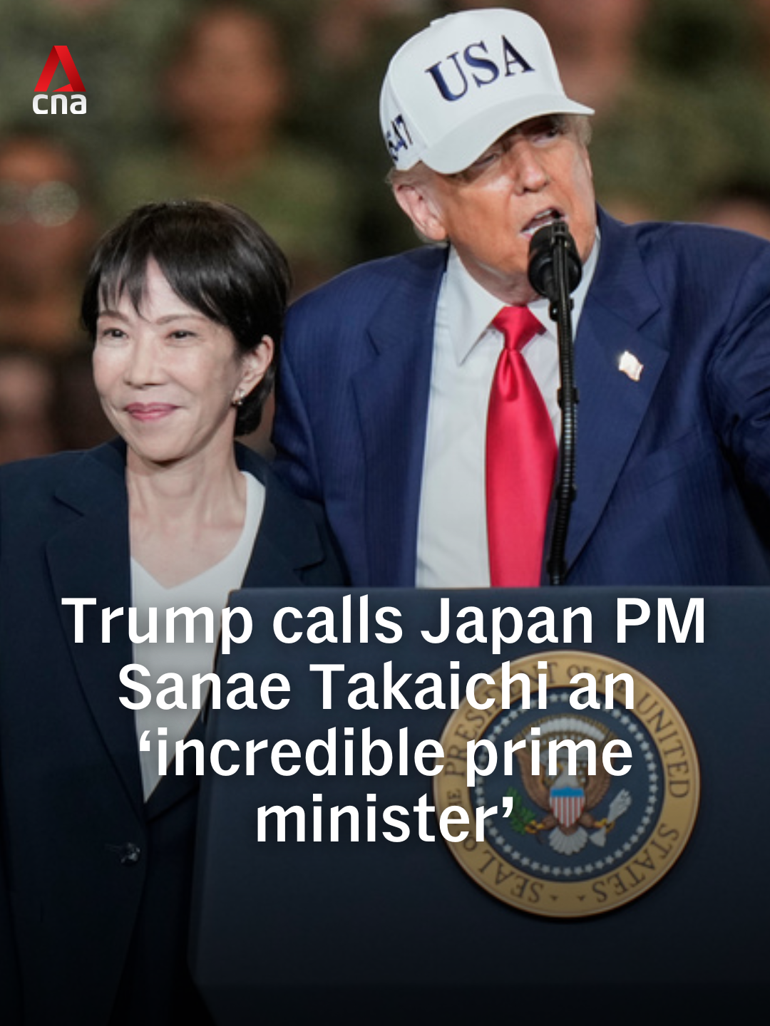 Japan Prime Minister Sanae Takaichi joined US President Donald Trump on stage aboard a US aircraft carrier on Tuesday (Oct 28) as part of Trump's multi-day visit to Japan. Pumping her fist and giving a thumbs-up, Takaichi was embraced by Trump who introduced her to an audience of US military personnel as Japan's 