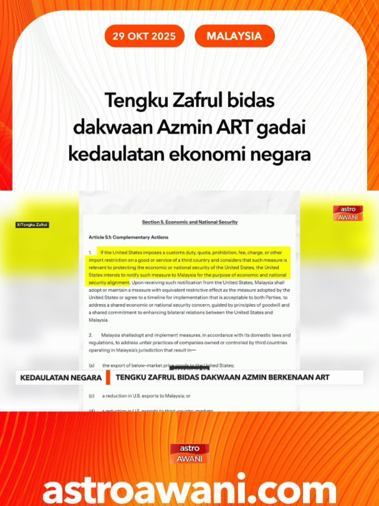 Menteri MITI, Tengku Zafrul tegaskan dakwaan Azmin Ali terhadap ART tidak berasas dan menyeru agar perjanjian diteliti secara menyeluruh, bukan sekadar petikan separa. #AWANInews