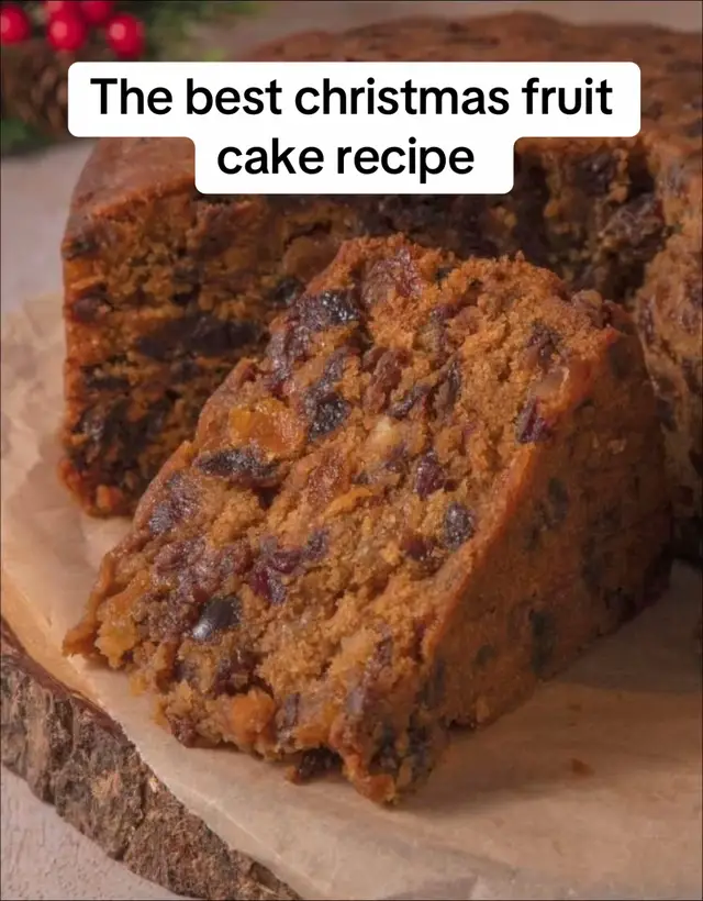 Christmas Fruit Cake Recipe Ingredients For the soaked fruit: 1 cup (150g) mixed dried fruits (raisins, currants, chopped dates, cherries, cranberries) ¼ cup (60ml) orange juice or rum/brandy (your choice) Dry ingredients: 1 cup (125g) all-purpose flour ½ tsp baking powder ½ tsp ground cinnamon ¼ tsp ground nutmeg ¼ tsp ground cloves Pinch of salt Wet ingredients: ½ cup (100g) brown sugar ½ cup (113g) unsalted butter, softened 2 large eggs 1 tsp vanilla extract Zest of 1 orange or lemon (optional but recommended) 2 tbsp (30ml) milk Optional additions: ¼ cup (30g) chopped nuts (walnuts or almonds) 1 tbsp molasses or honey (for deeper flavor) Instructions Soak the dried fruits in orange juice or rum at least 4 hours or overnight. Stir occasionally to let the liquid absorb well. If you're short on time, microwave the mixture for 1 minute and let it rest 30 minutes. Preheat your oven to 150°C (300°F). Grease and line an 8-inch round cake pan with parchment paper (bottom and sides). In a medium bowl, sift together the flour, baking powder, salt, cinnamon, nutmeg, and cloves. Set aside. In a large bowl, cream the softened butter and brown sugar until light and fluffy. This takes about 2–3 minutes using a hand mixer. Add the eggs one at a time, beating well after each addition. Then mix in the vanilla, citrus zest, and molasses or honey if using. Gradually add the dry ingredients to the wet mixture. Mix gently just until combined. If the batter feels very thick, stir in 1–2 tablespoons of milk to loosen it. Fold in the soaked fruits and any remaining liquid. Also, add chopped nuts if using. Mix until evenly distributed. Pour the batter into the prepared pan. Smooth the top with a spatula. Bake in the center of the oven for 50–60 minutes, or until a skewer inserted into the center comes out clean. Allow the cake to cool completely in the pan before removing. Once cooled, wrap in foil or cling film to preserve moisture. Optional: You can brush the cake with rum, brandy, or orange juice weekly to keep it moist and enhance the flavor over time. #Recipe #recipes #recipesoftiktok #fyp #fruitcakerecipe