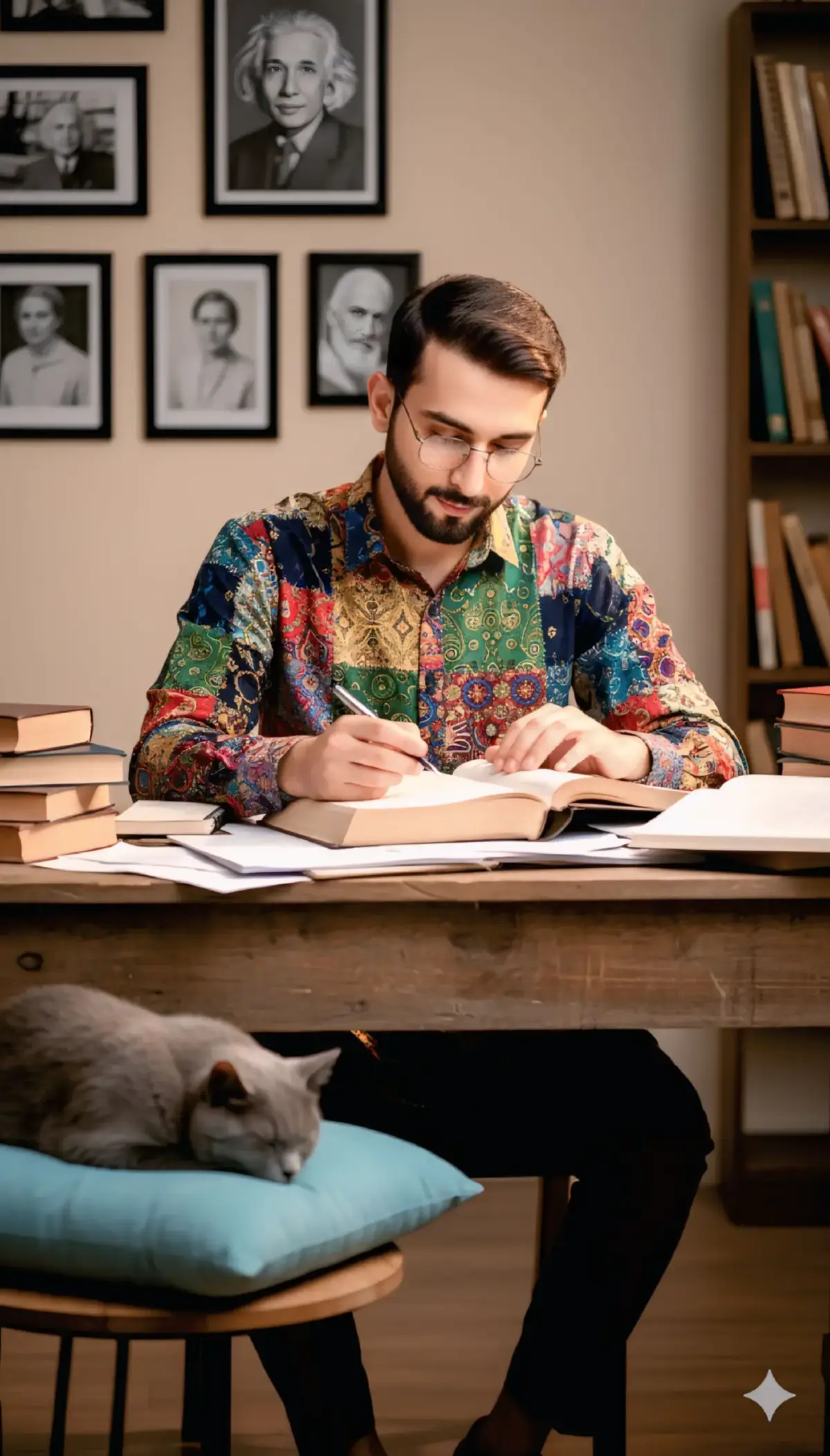 Ultra-realistic 8K cinematic scene of a handsome young man studying in a cozy study room. He is sitting at a wooden study table with many open books spread around. The boy is deeply focused on one book, and has a oen in his hand, wearing a pair of glasses resting slightly low on his nose. He’s dressed in a beautiful full-sleeve shirt with multi-colored patches and dark grey trousers. On a small side table, a Russian cat is peacefully sleeping on its pillow. Soft light from the front illuminates his face, creating a calm and intellectual atmosphere. On the wall behind him, framed photos of famous scholars are visible. The mood is warm colorful, intelligent, and serene, with high detail lighting and shadows, depth of field, and realistic texture of fabrics and fur. Use my original face as it is from reference image. #unfreezemyaccount 