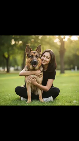 Gemini Ai Prompt: Create ultrarealistic and high-detailed, A bond with the german shephard dog. The background is softly blurred with green trees and natural daylight, giving the scer my face 100% image matic and warm. Keep the reference and look a camera #Gemini #ai #fyp #female