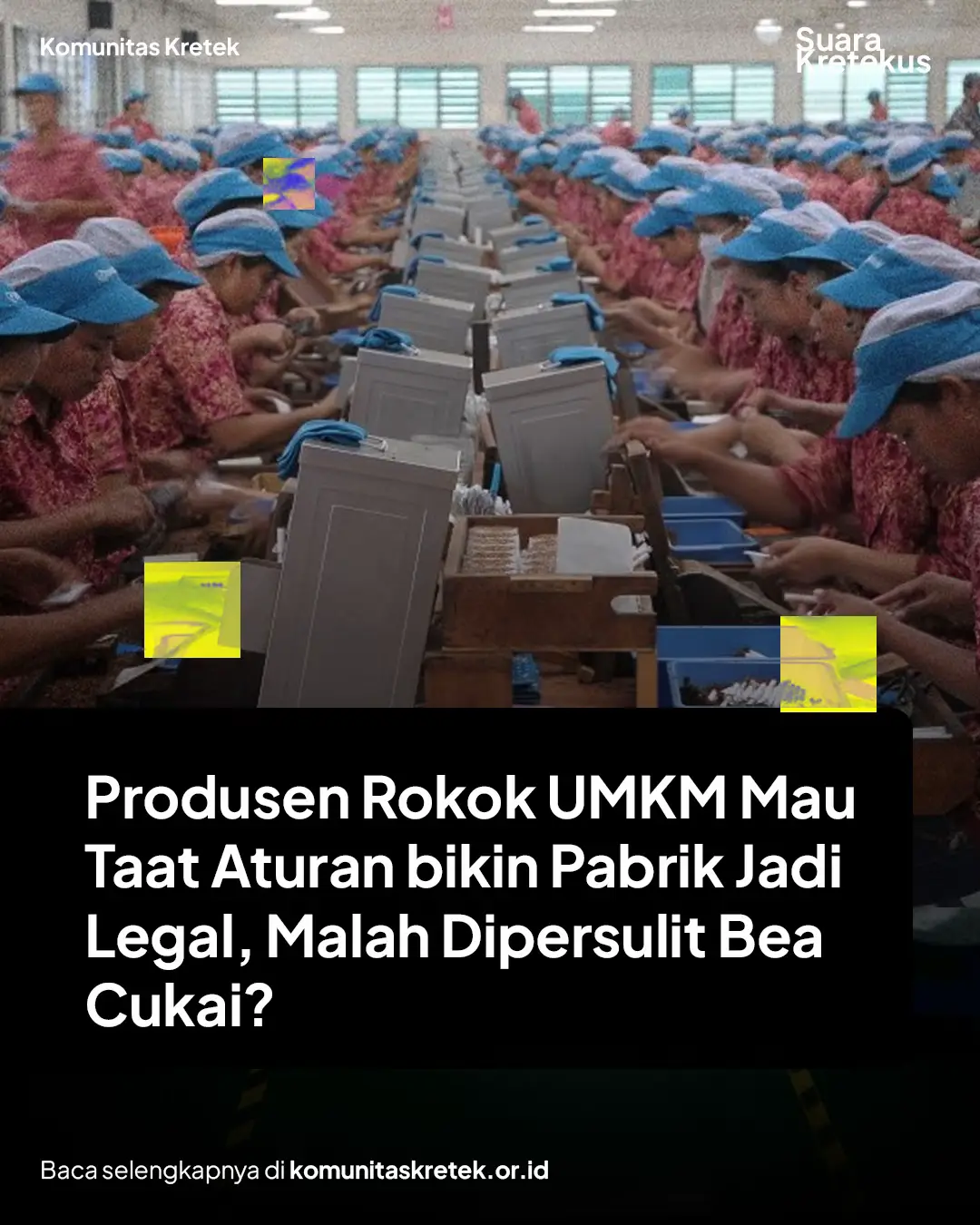Bea Cukai mempersulit, produsen rokok kretek UMKM menjerit. Melalui layanan “Lapor Pak Purbaya”, produsen rokok kretek berskala UMKM di Madura, mengeluh karena Dirjen Bea Cukai lambat mengurus perizinan Nomor Pokok Pengusaha Barang Kena Cukai (NPPBKC). Izinnya itu diatur dan diberikan oleh Direktorat Jenderal Bea dan Cukai (DJBC). Namun sialnya, produsen kretek di Madura itu justru dipersulit ketika ingin mengurus surat izin supaya rokoknya menjadi legal di pasaran. Bahkan UMKM rokok kretek tersebut sudah mengupayakan surat izin selama setahun lebih–tapi surat izin masih saja belum turun. “Kenapa susah? Coba deh di-follow up, diajarin lah orang di sana, kalau dia (pelaku usaha) masuk sistem kan kita dapat cukai tambahan. Mungkin juga yang liar-liar (produsen rokok ilegal) mau masuk sistem tuh,” ujar Purbaya merespons laporan tersebut sambill memberi instruksi kepada Dirjen Bea dan Cukai Djaka Budhi Utama, dikutip dari DDTC News (25/10/2025). Menurut Ketua Komisi XI DPR Mukhamad Misbakhun, pemerintah kerap mempersulit penerbitan izin bagi para produsen rokok baru.  “Jadi kalau kita mau membuka industri rokok baru itu nggak boleh, kecuali masuk di dalam kawasan industri tembakau yang terpadu (Aglomerasi Pabrik Hasil Tembakau). Ya dipersulit,” ujar Misbakhun dalam diskusi publik di Menara Kadin, (21/10/2025). Pasalnya, untuk mendirikan pabrik rokok itu tidak harus selalu berada di kawasan APHT. Supaya pabrik rokok dianggap legal, ia harus mempunyai NPPBKC, yakni izin menjalankan kegiatan sebagai pengusaha pabrik. Sialnya pemerintah mempersulit itu. Apalagi, salah satu APHT di Provinsi NTB terancam bubar karena kalah saing dengan rokok ilegal. Ancaman bubarnya tersebut dituding karena pemerintah lebih lebih memfasilitasi produsen rokok ilegal, alias jadi cukongnya. Selengkapnya di komunitaskretek.or.id