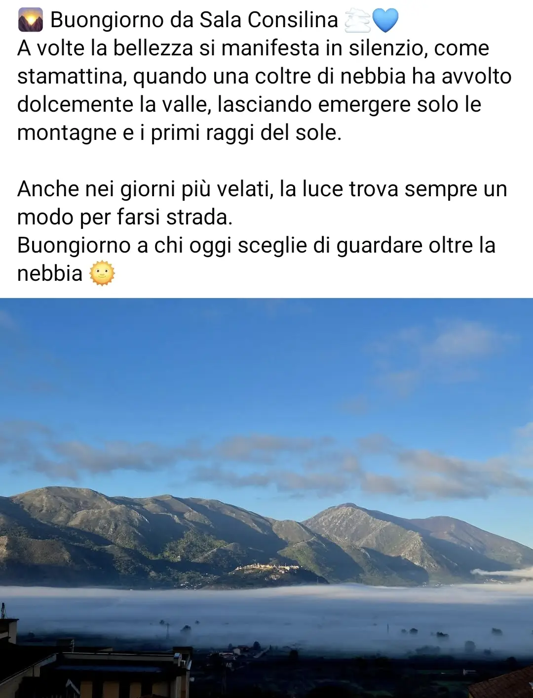 A volte la bellezza si manifesta in silenzio, come stamattina, quando una coltre di nebbia ha avvolto dolcemente la valle, lasciando emergere solo le montagne e i primi raggi del sole. Anche nei giorni più velati, la luce trova sempre un modo per farsi strada. Buongiorno a chi oggi sceglie di guardare oltre la nebbia 🌞