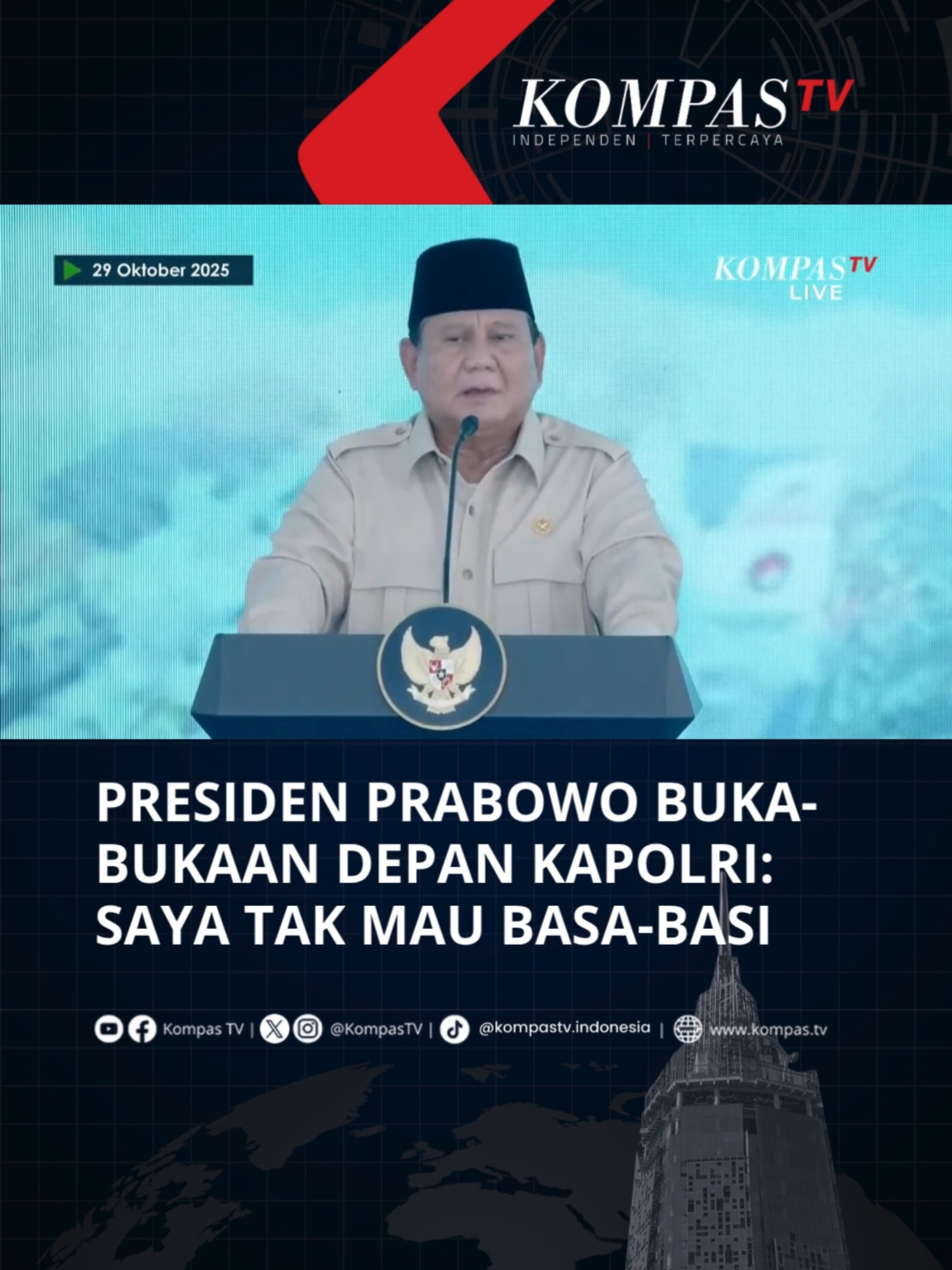 Presiden RI, Prabowo Subianto, di hadapan Kapolri Jenderal Listyo Sigit Prabowo, sempat buka-bukaan saat menyampaikan sambutan kala menghadiri pemusnahan barang bukti narkoba seberat 214,84 ton senilai Rp29,37 triliun di Mabes Polri, pada Rabu (29/10/2025). Ia sampaikan dirinya orang yang tak mau basa-basi. Ia menambahkan Polisi selalu dijelek-jelekkan, dimaki-maki, karena memang polisi tugasnya menertibkan. Presiden Prabowo juga menyebut pekerjaan polisi sering kali tidak terlihat oleh masyarakat. Tuliskan komentarmu dan dapatkan berita terkini lainnya di www.kompas.tv serta youtube.com/kompastv #SOROTKompasTV #TikTokBerita