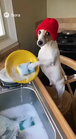 Cachorro lavando louça 😅 #cachorro #lavandolouça #sora2 