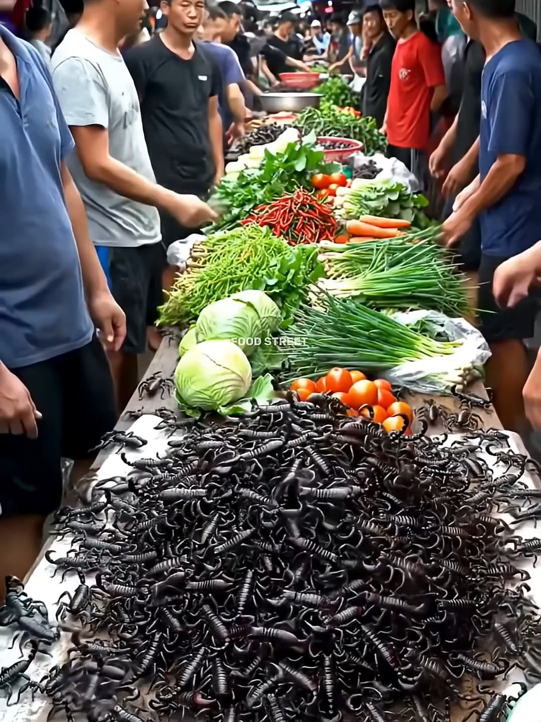 Unusual Asian Market Scene – Thousands of Scorpions and Fresh Vegetables in a Muddy Alley.