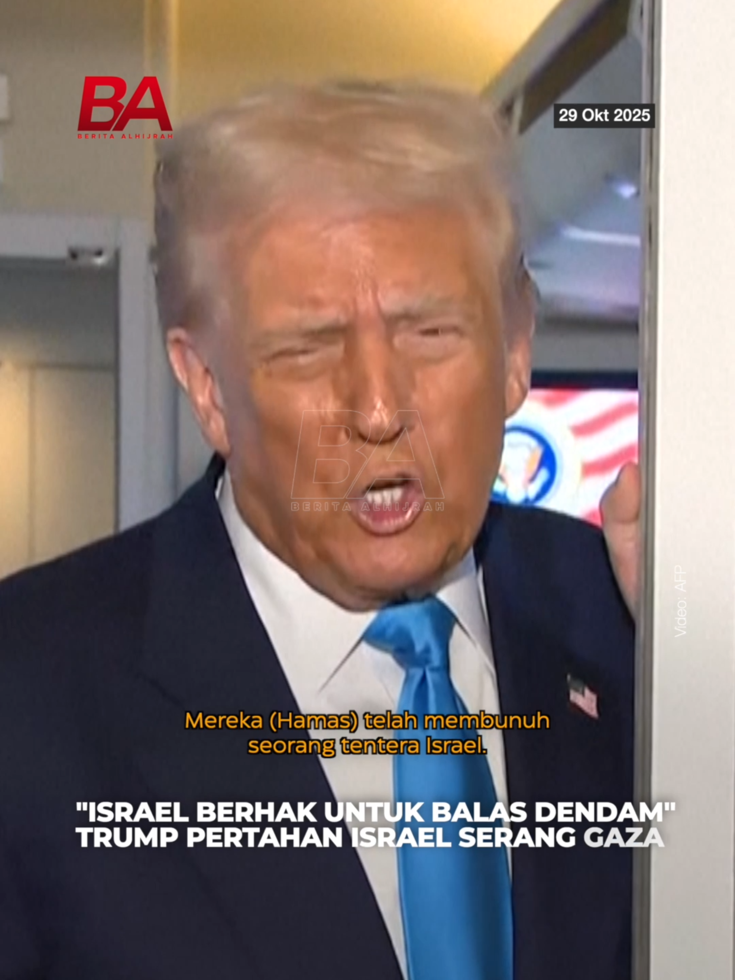 Presiden Amerika Syarikat Donald Trump mempertahankan hak Israel untuk menyerang Gaza sebagai tindak balas kumpulan Hamas menyerang anggota tenteranya. Tindakan tersebut katanya tidak akan menjejaskan perjanjian gencatan senjata yang telah dicapai oleh kedua-dua pihak.