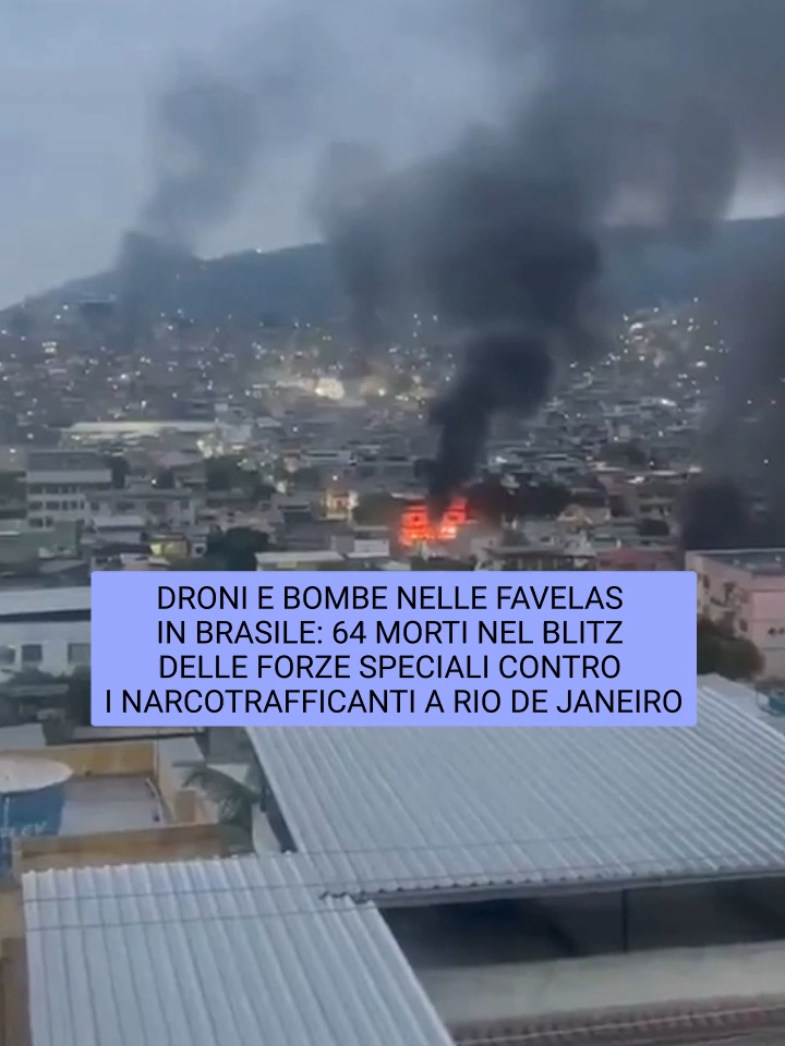 Scene da guerra a Rio de Janeiro, dove 2.500 agenti armati hanno fatto irruzione nelle baraccopoli per una mega operazione antidroga mai vista prima. Gli scontri con le bande del Comando Vermelho, che controllano il traffico di stupefacenti, sono durati ore e hanno lasciato a terra almeno 64 persone, tra cui quattro poliziotti. Per difendere il territorio, i narcotrafficanti hanno lanciato esplosivi con droni e innalzato barricate, poi abbattute da mezzi blindati. Le immagini circolate sui social mostrano colonne di fumo e raffiche di spari nelle strade del Complexo da Penha e do Alemão. Il governatore Cláudio Castro ha definito l’operazione «la più imponente nella storia dello Stato». Arrestati oltre 80 membri delle gang #brasile #riodejaneiro #bombardamenti