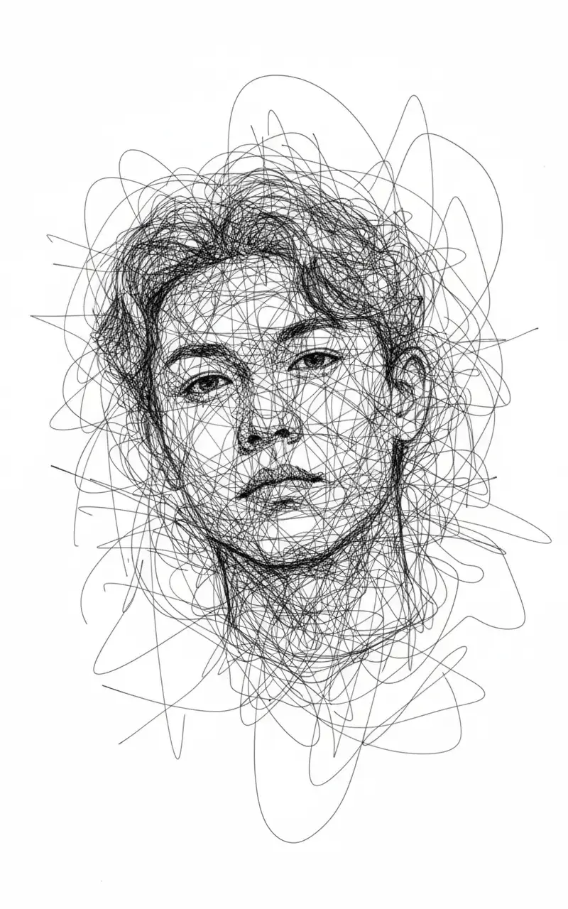 Prompt: Gunakan 100 % wajah dari Poto tersebut. Ubah foto wajah yang diunggah menjadi karya seni coretan yang sangat abstrak dan kacau, dengan garis tinta hitam yang longgar, jarang, dan sangat acak.  Garis-garis tersebut hanya sedikit membentuk wajah, menekankan kekacauan dan keabstrakan daripada kejelasan bentuk. Pertahankan ekspresi dan proporsi asli sebagai struktur samar di bawahnya. #pyf #gemini #aiart #ai #gambarabstrak 