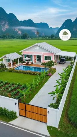 บ้านมินิมอลทรอปิคอล (Minimal Tropical Style)บ้านสีชมพูพาสเทลกลางทุ่งนา 💕มีสระว่ายน้ำ มีสวนผัก มีภูเขาเป็นเพื่อนทุกเช้า 🌿แค่ได้ตื่นมามองวิวแบบนี้…ก็เหมือนได้เริ่มวันใหม่ด้วยรอยยิ้มแล้ว ☀️💖#บ้านในฝัน #บ้านมินิมอลทรอปิคอล #บ้านสีพาสเทล #บ้านกลางทุ่งนา #ฮีลใจสตอรี่ 