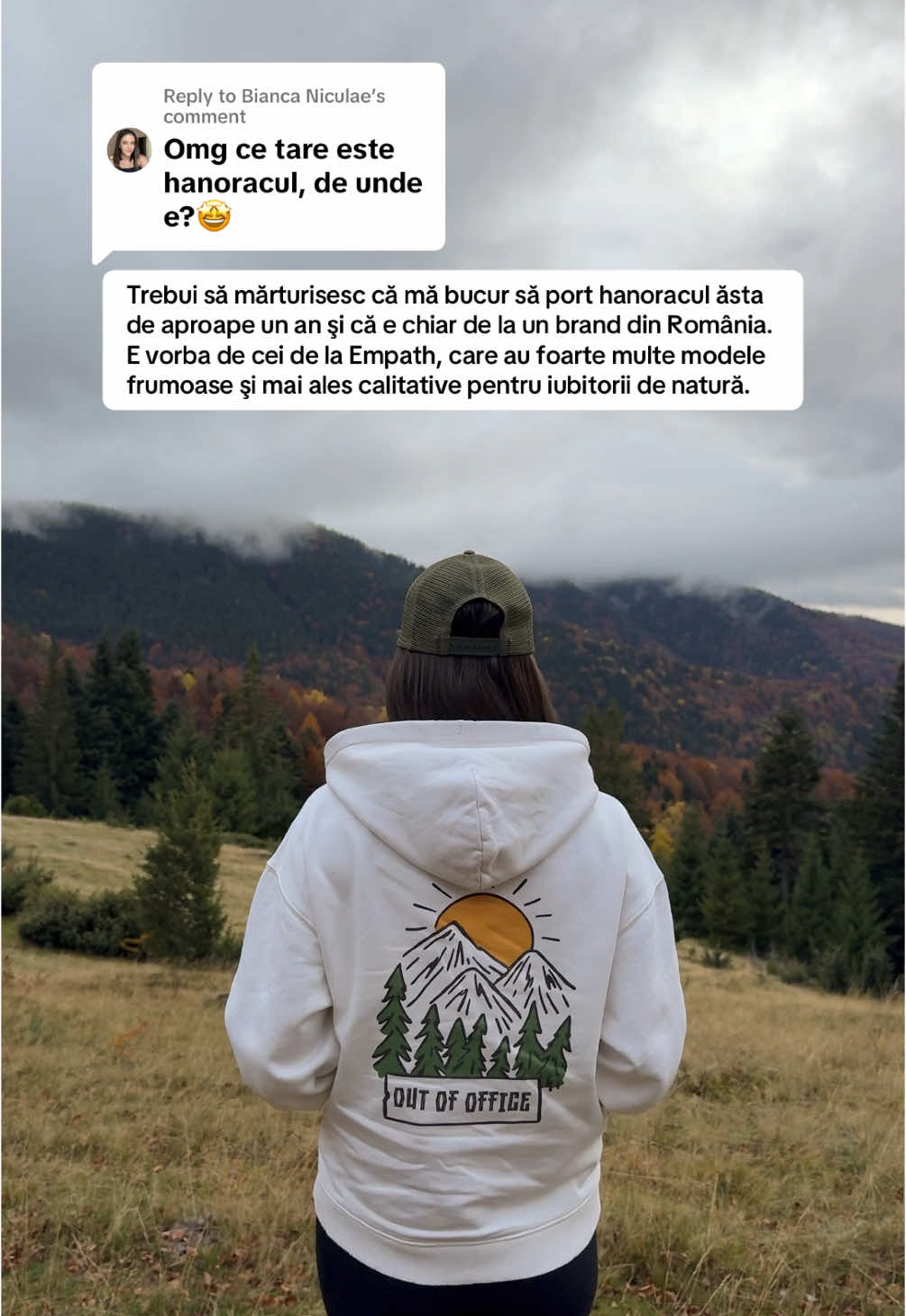 Replying to @Bianca Niculae am simțit să fac videoul ăsta pentru că ai fost multe întrebări despre hanoracul de la @@empath şi cred că şi brandurile din România merită mai multă susținere pentru toata munca minunată pe care o fac 🙏🏼  #romania #brandromanesc #outdoor #nature #outofoffice #hoodie #toamna #autumn 