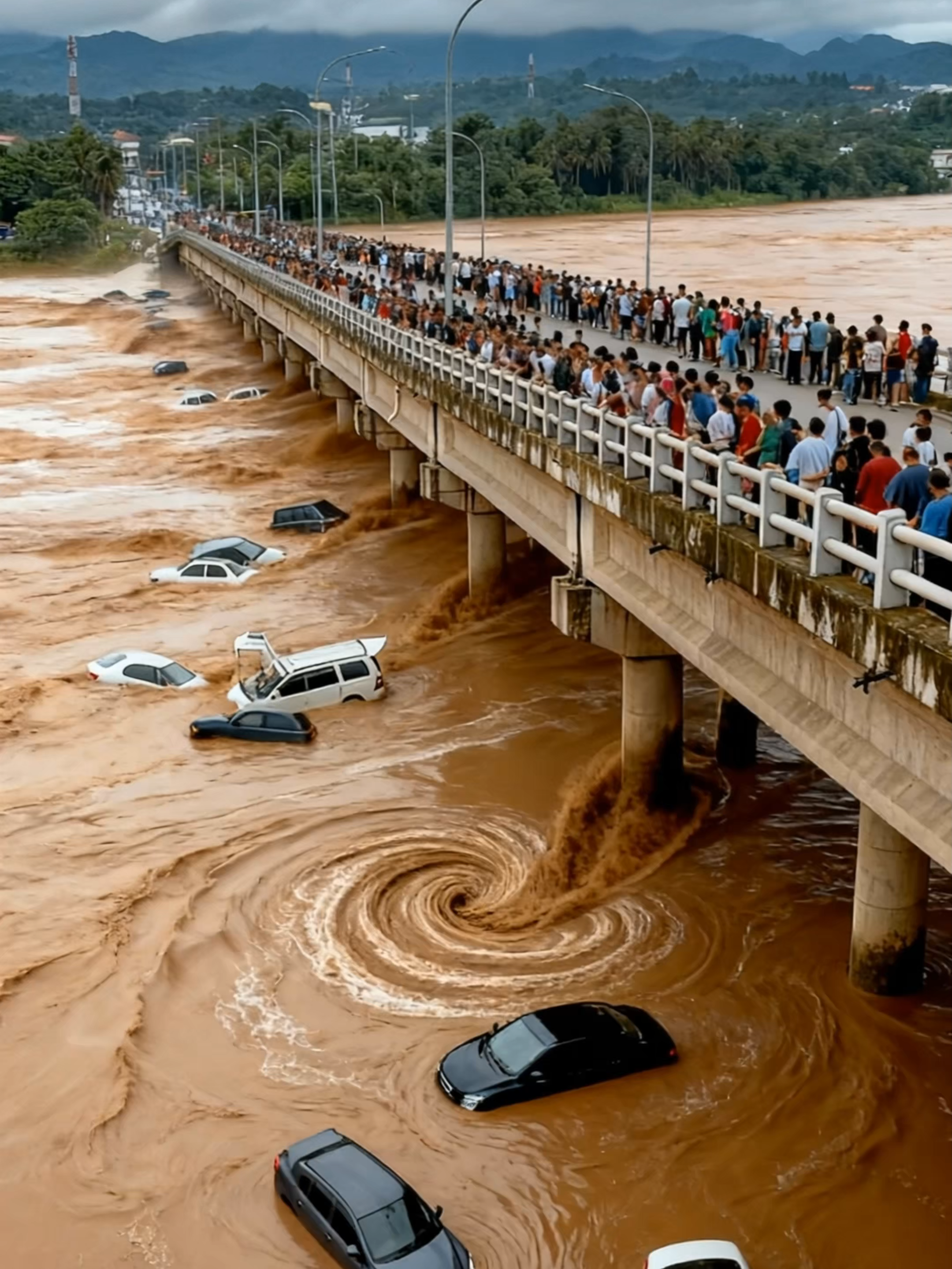 惊心动魄！洪水冲垮桥梁那一刻，众人坠河生死瞬间 #洪水现场 #桥梁坍塌 #灾难瞬间 #突发事件