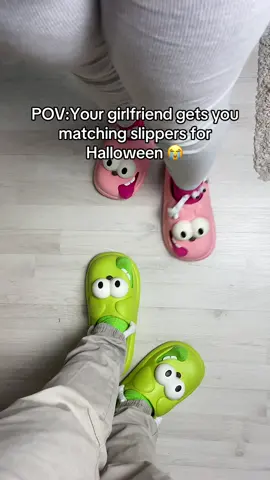 She bought the craziest thing I swear 😂👻🎃#kissing #slippers #matching #halloweencostume #couple 