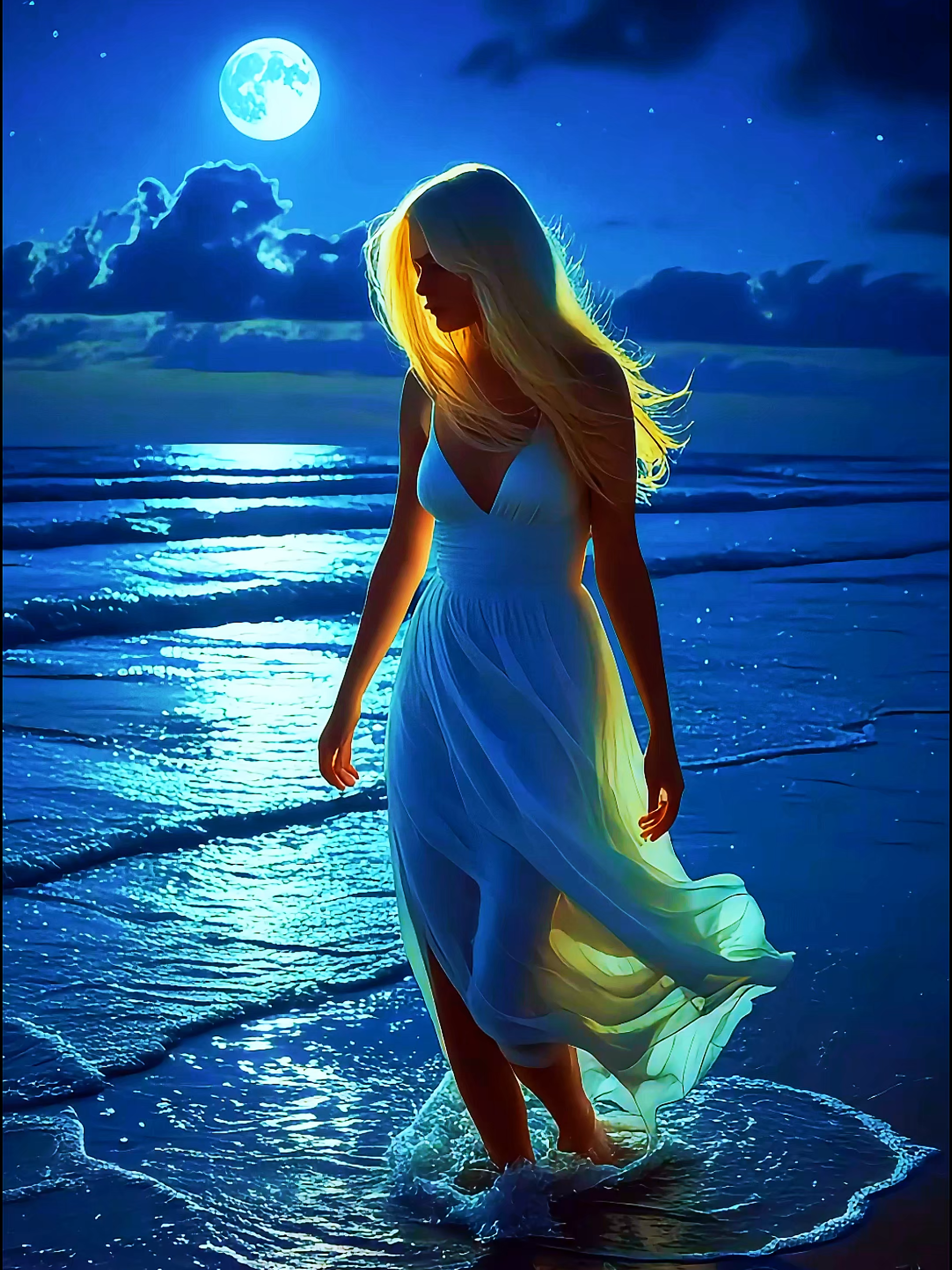 A woman with long blonde hair stands on a moonlit beach, #4klivewallpaper #livewallpaper #livewallpaper4k #livewallpapers #beachday