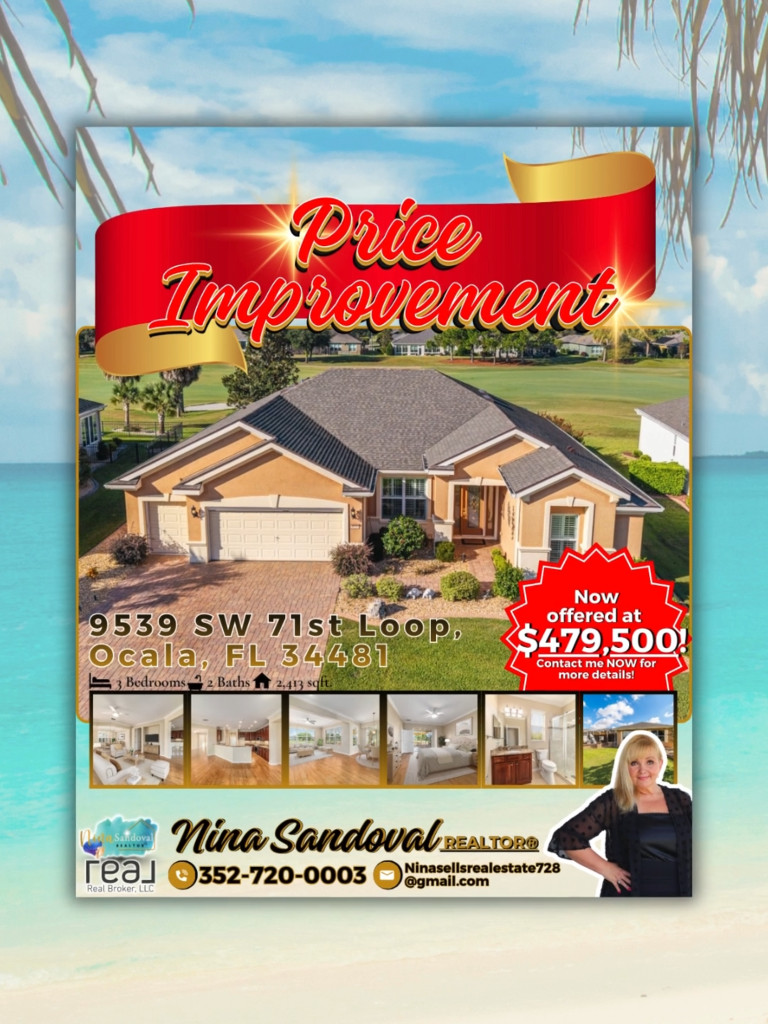 ‼️𝙋𝙍𝙄𝘾𝙀 𝙄𝙈𝙋𝙍𝙊𝙑𝙀𝙈𝙀𝙉𝙏‼️ This Immaculate Kingston Model Home in the Highly Sought-After 55+ Buckhead Neighborhood of Stone Creek, SW Ocala, at 9539 SW 71st Loop, Ocala, FL 34481, is now 𝙊𝙁𝙁𝙀𝙍𝙀𝘿 𝙖𝙩 𝙄𝙈𝙋𝙍𝙊𝙑𝙀𝘿 𝙋𝙍𝙄𝘾𝙀 of $479,500! ✨✨✨ This Beautifully Upgraded Home is perfectly situated on a Premium Golf Course Lot overlooking the 5th hole in one of Ocala’s Premier Active Adult Communities. It has 3 Bedrooms, 2 baths on a 2,413 sqft property.  🤩🤩🤩 🔑🔑🔑 Here are the Key Features of this beautiful home You don't want to miss:  ✔ Great Curb Appeal  ✔ Beautiful Landscaping ✔ A Paved Driveway ✔ Custom Front Door ✔ Open Floor Plan ✔ Beautiful luxury laminate flooring in the main living areas ✔ Tile in the kitchen, laundry room, and baths ✔ Kitchen custom cabinetry ✔ Granite countertops ✔ Upgraded stainless steel appliances ✔ Custom pantry door ✔ Gorgeous Primary Suite with direct access to the patio through sliding glass doors ✔ Spa-Like Primary Bathroom features ↳ Large, extended walk-in tiled shower ↳ Granite countertops ↳ Higher commode ↳ Oversized walk-in closet ✔ Plantation Shutters ✔ Second bathroom offers custom features: ↳ Walk-in shower ↳ Higher commode  ✔ Seamless Indoor-Outdoor Living with the living and family rooms opening to the: ↳ Extended screened lanai ↳ Complete with pavers ↳ Shade sail ↳ Stunning golf course views  ✔ Extended Patio Slab with a Knee Wall ✔ Oversized 2-Car Garage with a Golf Cart Space features: ↳ Motorized screens ↳ Built-in cabinets ↳ Protective floor mat ✔ Video Doorbell, Roof (2023) ✔ AC (2016) ✔ Whole-House Water Softener System ✔ Irrigation with linked garden system Enjoy living in Stone Creek, which offers a True Resort-Style Lifestyle with World-Class Amenities, including an 18-hole championship golf course, three recreation centers, indoor and outdoor pools, pickleball and tennis courts, a softball field, dog parks, a fitness center, spa, and a vibrant social calendar. 🤩🤩🤩 Schedule Your Private Showing NOW to see it in person. 🤗🤗🤗 To learn more about the details of this Home, please click on the link below👇🏻👇🏻👇🏻 https://bit.ly/9539SW71stLoopOcalaFL34481 Call me NOW! 📞📞📞 𝓝𝓲𝓷𝓪 𝓢𝓪𝓷𝓭𝓸𝓿𝓪𝓵 - 𝐑𝐄𝐀𝐋𝐓𝐎𝐑® 📍ΓEA⅃ Real Broker, LLC 📲 352-720-0003 📩 ɴɪɴᴀꜱᴇʟʟꜱʀᴇᴀʟᴇꜱᴛᴀᴛᴇ728@ɢᴍᴀɪʟ.ᴄᴏᴍ ᴍᴀᴋɪɴɢ ʏᴏᴜʀ ʀᴇᴀʟ ᴇꜱᴛᴀᴛᴇ ᴅʀᴇᴀᴍꜱ ᴀ ʀᴇᴀʟɪᴛʏ ᴀᴜᴛʜᴇɴᴛɪᴄ ᴄᴏɴɴᴇᴄᴛɪᴏɴꜱ. ᴀʟɪɢɴᴇᴅ ɢᴏᴀʟꜱ. ʀᴇᴀʟ ʀᴇꜱᴜʟᴛꜱ.  #priceimprovement #pricereduction #pricereduced #realestatelisting #realestatelistings #floridarealestate #floridarealestateagent #floridarealtor #tiktokinrealtors