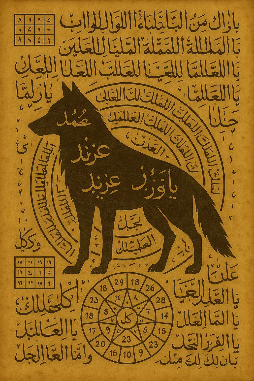 Bu tılsım, kadim Havas geleneğinde koruma, kudret ve içsel sezgi enerjilerini bir araya getiren özel bir çalışmadır. Kurt figürü, sadakat, sezgi ve tehlikeyi önceden fark edebilme özelliğiyle ilahi korumanın sembolüdür. Bu tasarım, hem görsel bir dua, hem de geometrik bir koruma mührü olarak düşünülmüştür. •	Kurt Figürü: Kurt, İslam kültüründe uyanıklığın, adaletin ve göksel sezginin sembolüdür. Tılsımda gövdesi boyunca işlenen Arapça hatlar, “nefsin zincirlerini kıran” ilahi isimleri taşır. Böylece tılsım, sahibini hem görünmeyen kötülüklerden hem de içsel korkulardan korur. 	•	İsim Yazısı: Gövde üzerinde “محمد” (M….t) ismi yer almakta, bu kişisel bağlantıyı temsil eder. Havas ilminde isim ve anne ismi, tılsımın enerjisini sahibine yönlendirir. Burada o bağ, “M….t b. Müzeyyen” biçiminde ebcedsel dengeye oturtulmuştur. 	•	“يا عز، يا عزيز، يا عوز” Esmaları: Kudret, izzet ve korunma anlamlarını taşır. Bu üçlü dizilim, insanın hem iç dünyasında hem dış ortamında “aura” zırhı oluşturur. Yazı düzeni kurt gövdesinin omurgasına paralel biçimde akarak bir enerji hattı oluşturur. 🔸 2. Daire ve Vefk Düzeni 	•	Alt Kısımdaki Dairesel Şema: Ortasında “كُل” (kul – “hepsi”) kelimesi yer alır. Bu, “her şey O’nun emrindedir” manasını taşır. 12 dilimli bu çark, Havas yazmalarında “Zamanın Devri” olarak geçer. Her dilim, bir ayı veya bir yönü temsil eder; bu da sahibine zamanla uyum sağlar. 	•	Köşelerdeki 3×3 ve 4×4 Vefk Kareleri: Bu kareler, “denge noktaları”dır. Havas ilminde her hücre bir ebced sayısına, her sayı bir ilahi frekansa denk gelir. Buradaki dizilim “sürekli koruma ve rızk genişliği” içindir. 🔸 3. Yazı Halkaları ve Havas Hatları 	•	Kurtun çevresindeki dairesel halkalarda tekrar eden dualar ve esmalar yer alır. Bu halkalar, “enerjinin akış katmanları” olarak görülür. Her halka bir manevi geceyi temsil eder. Özellikle “العلم، العزة، النور” kelimeleri bilgi, kudret ve nuru ifade eder. 	•	Harf dizilimleri (س، ط، ف، ن، ع، م، ر) iç içe daire biçiminde yerleştirilmiş, bu harfler Havas ilminde “koruma hattı” sayılır. Göze görünmeyen bir mühür etkisi oluşturur. 🔸 4. Amacı ve Enerjisi Bu tılsımın genel amacı: 	•	Zalimlerden, haset edenlerden, nazar ve büyüden korunmak. 	•	Rızk ve işlerde açıklık sağlamak. 	•	Sezgi ve farkındalığı artırmak. 	•	İçsel korku, panik, huzursuzluk ve vesveseleri bastırmak. 🔸 5. Kullanım ve Niyet Bu tılsım Havas sanatı çerçevesinde kişisel koruma maksadıyla hazırlanmıştır. Kullanımı sadece niyet ve tefekkür üzerinedir. “Ey her şeyi bilen, güçlü olan ve koruyan Rabbim; bana sezgi ver, kalbime huzur ver, işimi kolaylaştır, düşmanımı uzak tut.” Bu  tılsım görünmeyen kudretin bir yansımasıdır. Kalp niyetle baktığında, göz sadece hattı değil, hüsnü hattın içindeki duayı görür. 🌙 #niyet #tılsım #dua #nazar #ilahi 