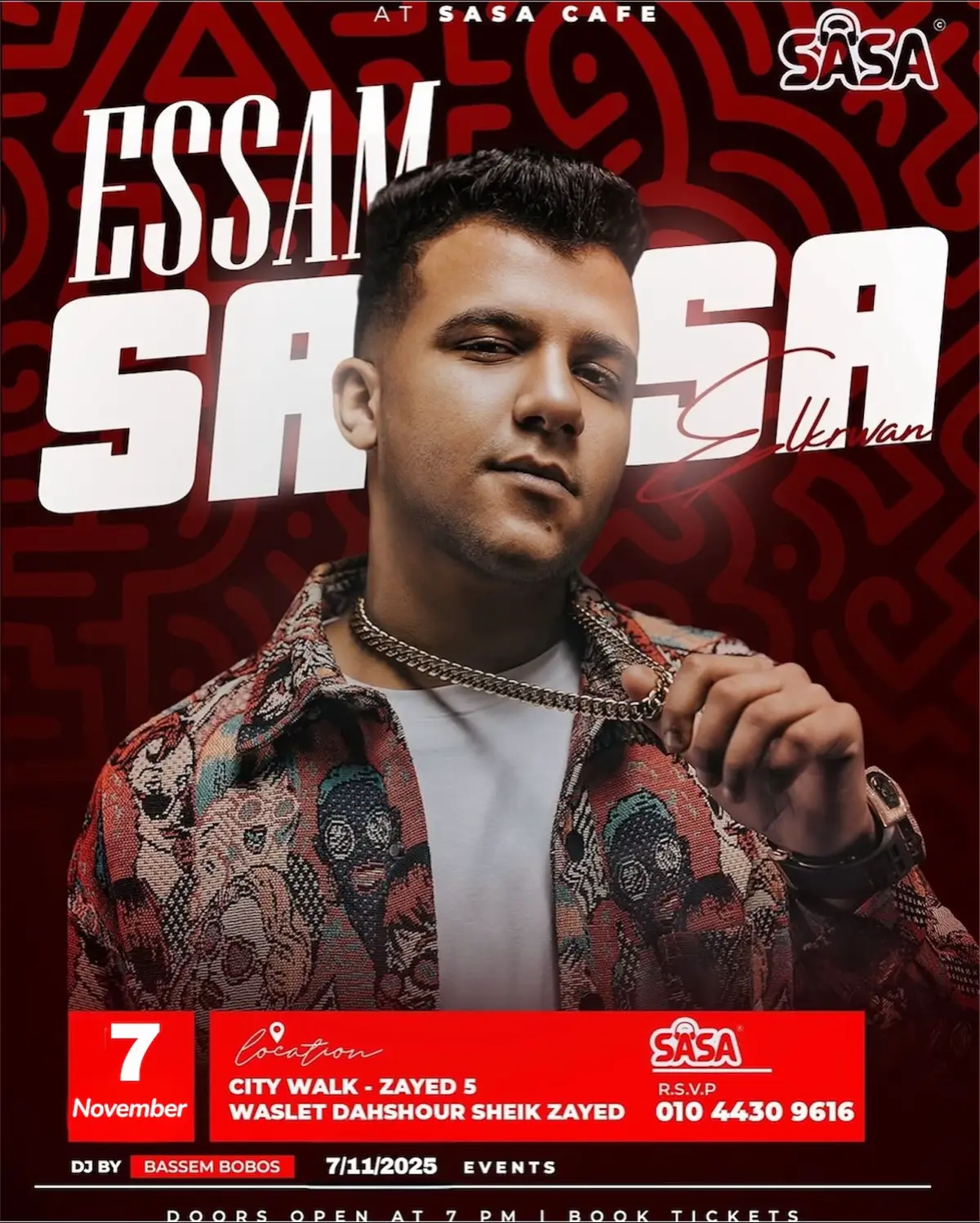 🚨 زايد هتولّع يوم الجمعة! 🚨 السوبر ستار عصام صاصا جاي يعمل أقوى حفلة في صاصا كافيه 🔥 📍 الشيخ زايد – سيتي ووك 📅 الجمعة ٧ / ١١ / ٢٠٢٥ استعدّوا لليلة مفيش زيها 💃 مزيكا 🔊 ودماغ 🔥 وجو مايتفوتش! 📞 للحجز: 01044309616