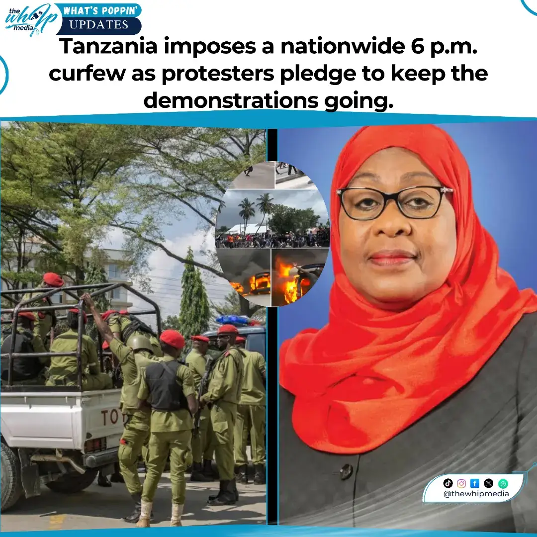 Tensions continue to rise in Tanzania as authorities enforce a nationwide 6 p.m. curfew in response to the ongoing wave of protests. Despite the restriction, demonstrators — largely driven by frustrated youth — have vowed to stay in the streets and keep their movement alive. The government says the curfew aims to restore order, but many view it as an attempt to silence dissent. Will this move calm the situation or ignite even more anger?  #thewhipmedia #whatspoppinupdates  #TanzaniaProtests #TanzaniaUnrest #CurfewAlert 