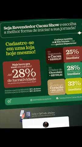 Você que sonha em ter a liberdade redefinir seus próprios horários e ter mais flexibilidade no seu dia a dia? Conheça  a oportunidade de ser nosso revendedor (a) cacau show 🍫. Seja seu próprio(a) chefe, construa seu próprio negócio e alcance a independência financeira que sempre desejou. Com a nossa rede de apoio aos nossos revendedores cacau show, você tem acesso a produtos de alta qualidade, treinamentos e suporte para impulsionar suas vendas. MAIS INFORMAÇÕES SÓ CHAMAR NO WHATSAPP (48)99935-1959#cacaushowmegabari #revendesores 