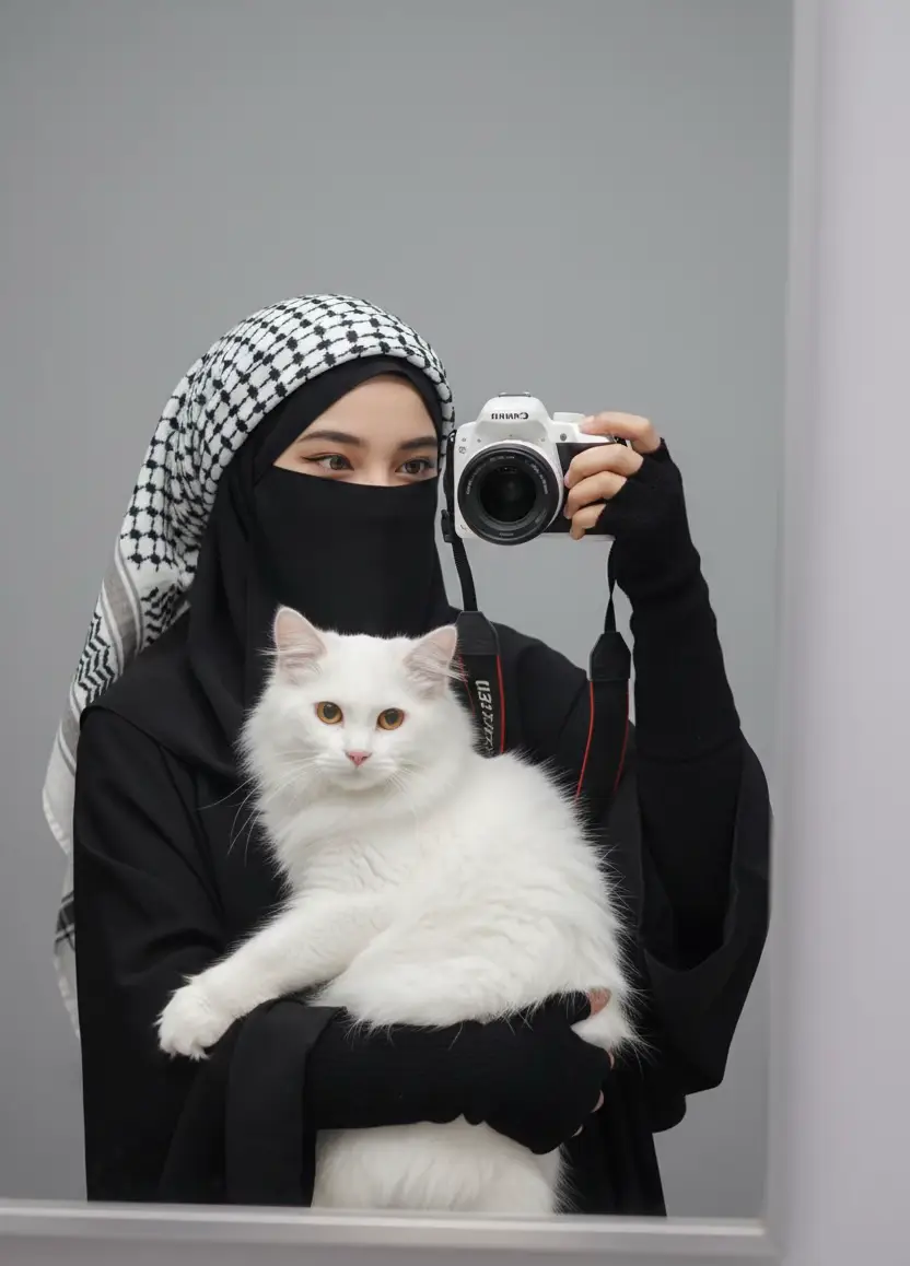 potret Seorang wanita muda,mengenakan hijab hitam, cadar/niqab, abaya,handsock dan manset hitam,dan keffiyeh putih dengan pola garis kotak hitam yang dililitkan di atas kepala, menambah sentuhan tradisional arab pada penampilannya. Wajahnya halus dengan kulit cerah, (pertahankan wajah asli). Latar belakang polos berwarna abu-abu lembut memberikan fokus penuh pada subjek. Pencahayaan lembut dari arah depan menciptakan efek lembut pada kulit, menonjolkan fitur wajah yang halus dan ekspresi mata yang anggun (buatlah foto ini terlihat sedang berpose lucu). satu tangannya memeluk kucing putih cantik. Buatlah foto ini sedang berfoto selfie miror di kaca dengan menggunakan hp kemera canon, sehingga dapat menghasilkan foto yang aestetic. kualitas HD #arabian #geminiai #arabsong #fypviralシ #fyppp 
