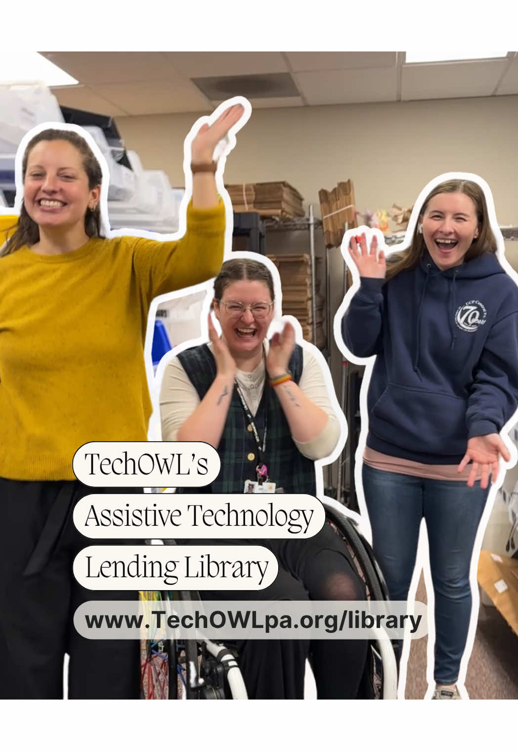 Check out the lending library at TechOWLpa.org/library. Don’t live in Pennsylvania? Find your state library at AT3center.net. Video description: Three people looking very excited in front of shelves. One is using a manual wheelchair with rainbow spokes. Tour of the TechOWL lending library warehouse which has lots of plastic bags hanging on shelves holding items like picture phones and the totchop rocker knife. Em shows off an ergonomic gardening tool, an adaptive gaming tool, and a proxtalker.   Transcript: TechOWL’s statewide lending library ships assistive tech to people across the commonwealth of Pennsylvania. Anyone in PA can use the lending library to meet a disability-related need! We loan directly to users and families, as well as to teachers and therapists. Using the lending library is completely free. When your device arrives, there will be a return label inside the box. Are you interested in borrowing from the TechOWL Lending Library? #AssistiveTech #AssistiveTechnology #AT #Disability #Accessibility