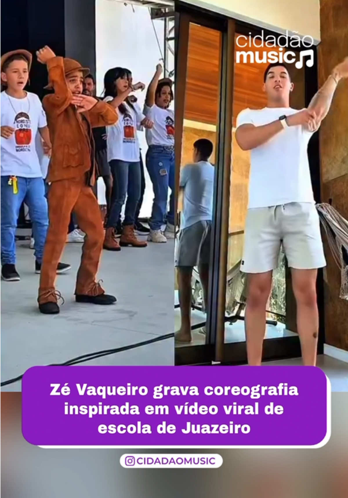 Zé Vaqueiro grava coreografia inspirada em vídeo viral de escola de Juazeiro O cantor Zé Vaqueiro entrou na onda do viral e gravou uma coreografia da música “DNA do Mato”, inspirada no vídeo do jovem Vaqueirinho (mauricio49324) e seus colegas de escola. O grupo chamou atenção durante o Festival Juá Literária, em Juazeiro, dançando a música em uma apresentação que rapidamente se espalhou pelas redes sociais. O sucesso do vídeo chegou até Zé Vaqueiro, que decidiu entrar na brincadeira e reproduzir os passos da coreografia, conquistando ainda mais fãs com a interação. Siga Cidadao Music e fique por dentro do mundo da música e dos eventos. #zevaqueiro #forro #escola #danca #trend 