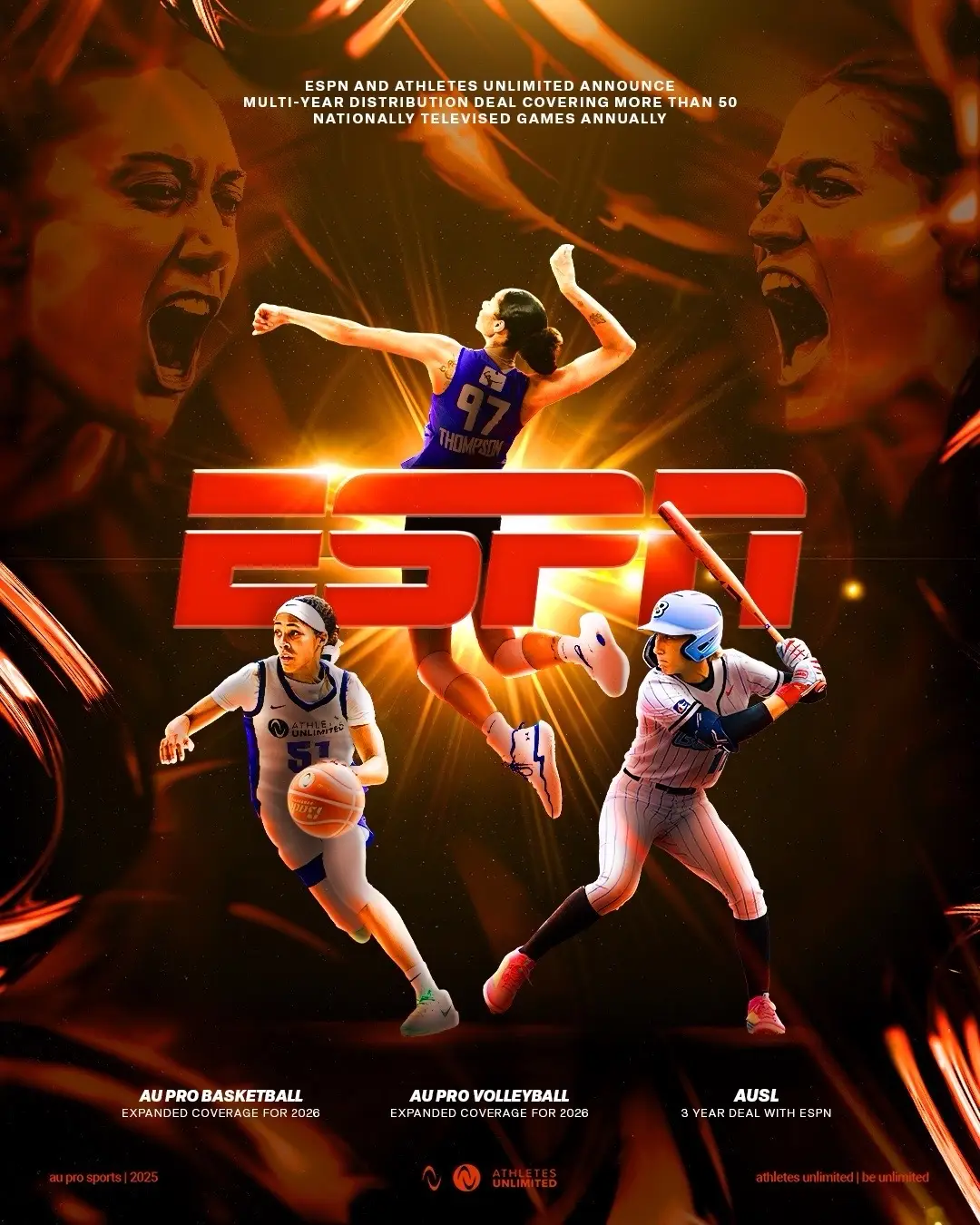 BREAKING NEWS: ESPN and Athletes Unlimited have announced a multi-year partnership that strengthens ESPN’s role as an official broadcast partner for AU’s professional leagues in softball, basketball, and volleyball.