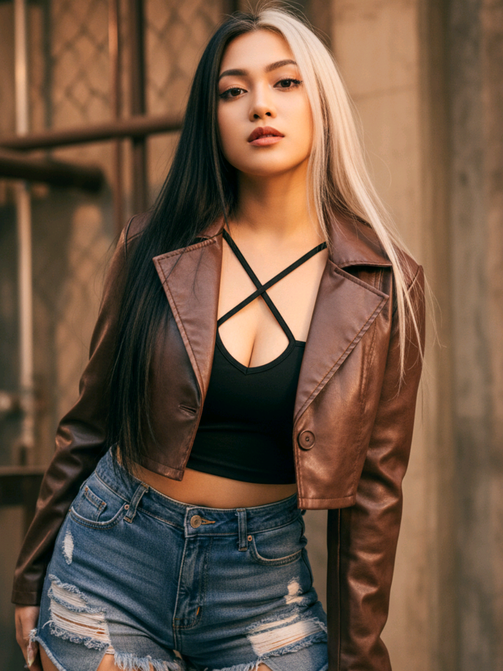 Prompt Ai wanita berpose percaya diri Buatkan gambar hyper-realistic, wajahnya sama persis dengan foto referensi (100% tanpa perubahan pada wajah, mata, struktur wajah, alis, hidung, bibir dan juga jangan merubah bentuk badan) Seorang wanita percaya diri berpose di lingkungan industri, ia mengenakan Jaket: Jaket kulit berwarna cokelat tua dengan tampilan mengilap (glossy finish). Modelnya pendek (cropped) dengan kerah lebar dan kancing depan. Bahan tampak tebal dan berstruktur, memberi kesan edgy dan stylish. Atasan dalam: Crop top hitam dengan potongan tali menyilang (strappy cutout design) di bagian depan, memperlihatkan sedikit kulit di area perut dan dada. Gaya ini menambah nuansa bold dan modern. Bawahan: Celana jeans pendek ketat usang robek. Gaya rambut: Rambut panjang lurus dengan warna split dye — setengah hitam pekat, setengah pirang terang (blonde platinum). Riasan intens, sedikit condong ke depan dengan satu tangan di lututnya, pencahayaan dramatis yang menonjolkan tekstur jaket, nada hangat, atmosfer sinematik, kedalaman bidang yang dangkal, estetika yang bergaya dan edgy, fotografi potret mode, beresolusi sangat tinggi, 8K, fokus tajam, detail tajam. #fashion #fyp #fyppppppppppppppppppppppp #fypシ゚ #fypage 