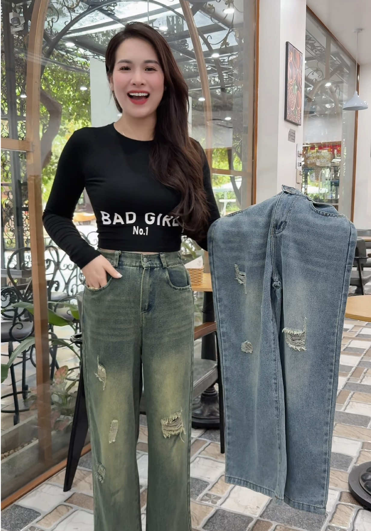 Quần jean xuông rách cạp chun sau #quanjeanxuong #quanjeannu #quanxuongjean #xuhuong #hoalela1102 