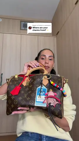 Replying to @Evelyn Let’s talk about the charms that come with the Louis Vuitton Speedy Soft 30 Crafty Monogram bag + ones I’ve added #bagcharms #louisvuittoncrafty #speedy30 #shoulderstrap #loewebagcharm  