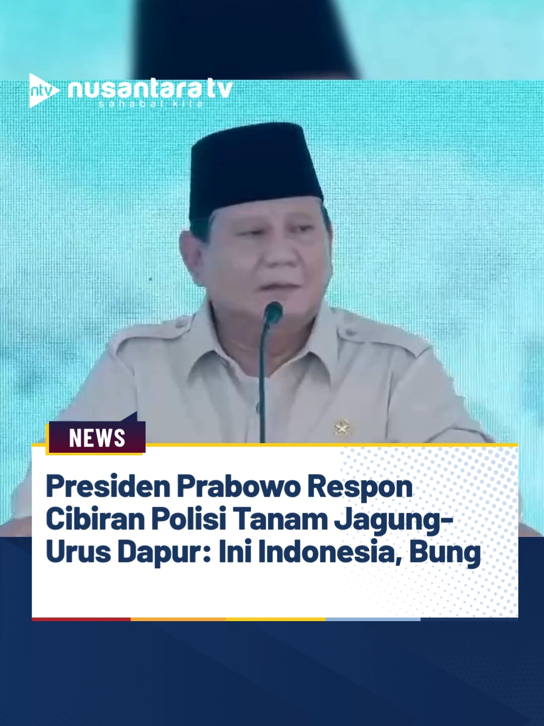 Presiden Prabowo Subianto menilai negara-negara Barat mungkin bingung melihat polisi Indonesia menanam jagung hingga mengurus dapur. Ia menegaskan, gaya Barat belum tentu cocok diterapkan di Indonesia. Pernyataan itu disampaikan usai menyaksikan pemusnahan 214,84 ton nark0t1ka di Mabes Polri, Jakarta Selatan, Rabu (29/10/2025). Prabowo mengatakan TNI, Polri, dan lembaga lain kini bekerja sama dalam urusan pangan. “Mungkin di Inggris atau Prancis mereka heran, kok polisi urus jagung atau buka dapur. Ya ini Indonesia, Bung. Kita tak perlu meniru Barat,” ujar prabowo. Prabowo menutup dengan ajakan memperkuat gotong royong demi kesejahteraan rakyat dan menekan kriminalitas.(tin) #PrabowoSubianto #Polri #TNI #TanamJagung #KetahananPangan #nusantaratv #nusantaratvsahabatkita