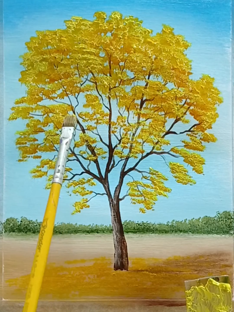 Como Pintar paisagem com Árvore Amarela fácil com tinta acrílica #tutorial #arvore #comopintar #pinturaemtela #arte 