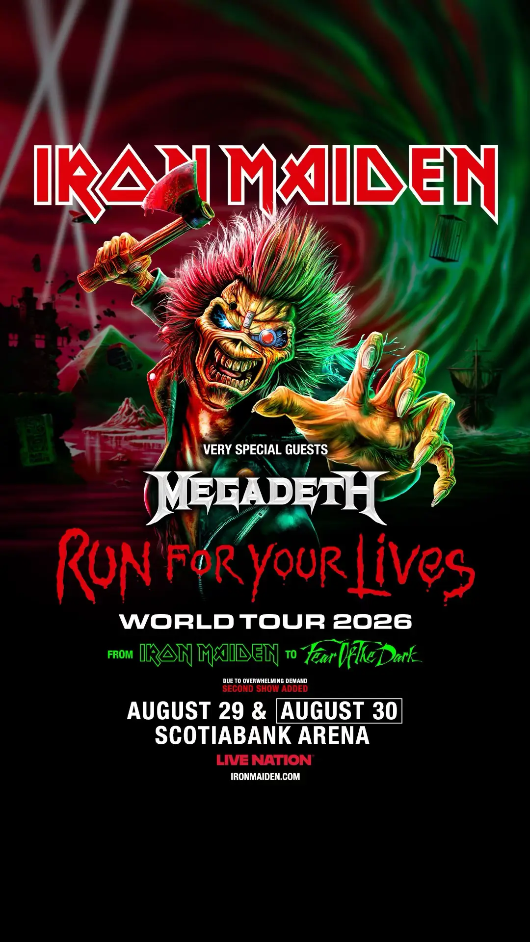 Due to overwhelming demand, a second show has been added to our opening night in Toronto! August 30 @ Scotiabank Arena - tickets onsale Friday October 31! #IronMaiden #RunForYourLivesTour